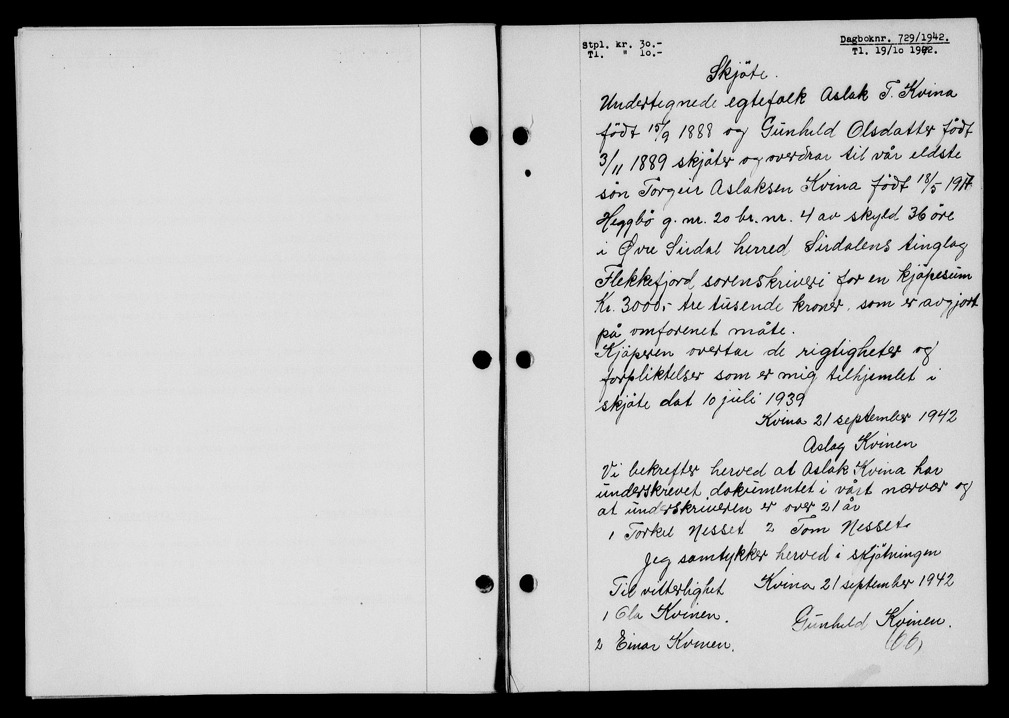 Flekkefjord sorenskriveri, SAK/1221-0001/G/Gb/Gba/L0058: Mortgage book no. A-6, 1942-1944, Diary no: : 729/1942