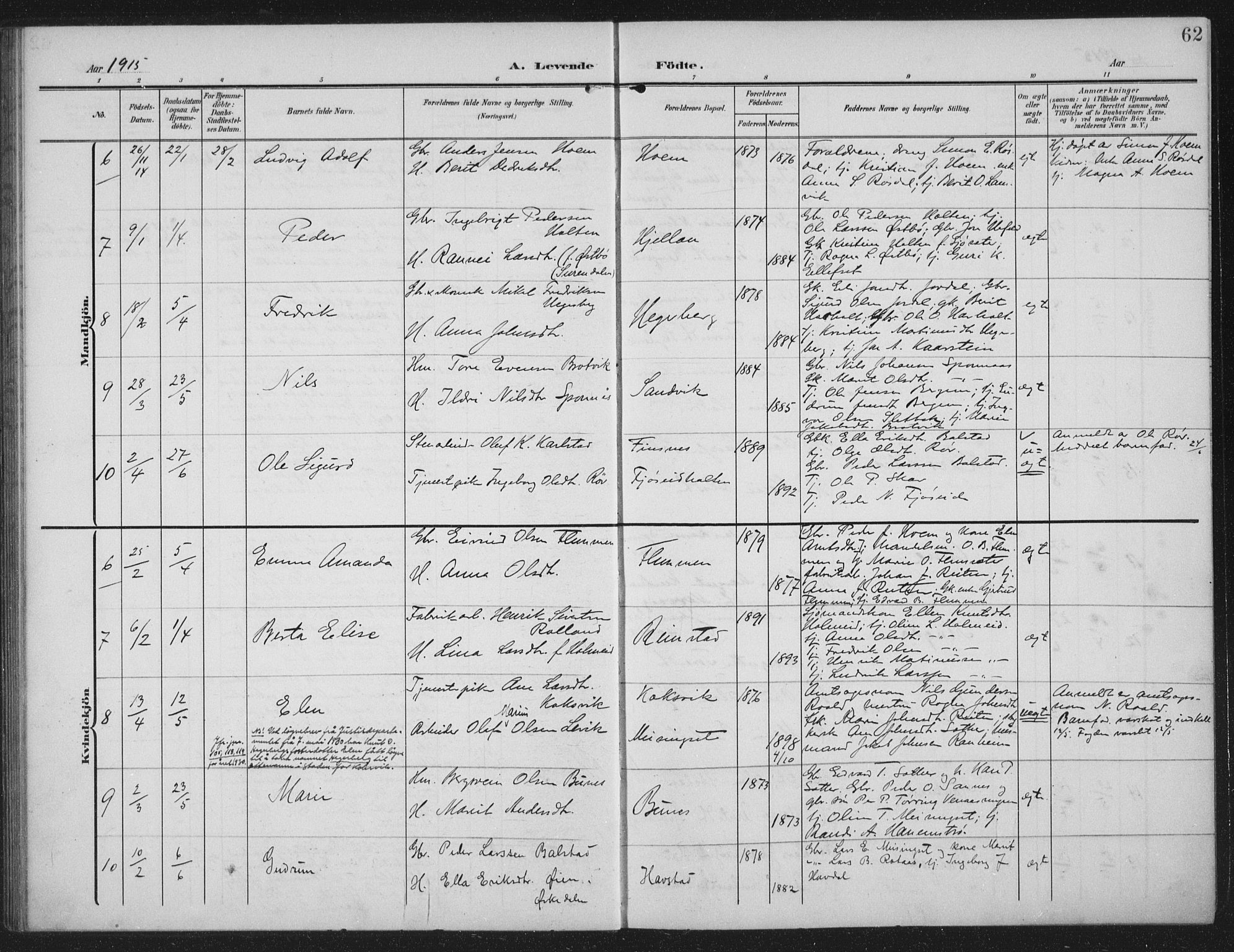 Ministerialprotokoller, klokkerbøker og fødselsregistre - Møre og Romsdal, AV/SAT-A-1454/586/L0989: Parish register (official) no. 586A15, 1906-1915, p. 62