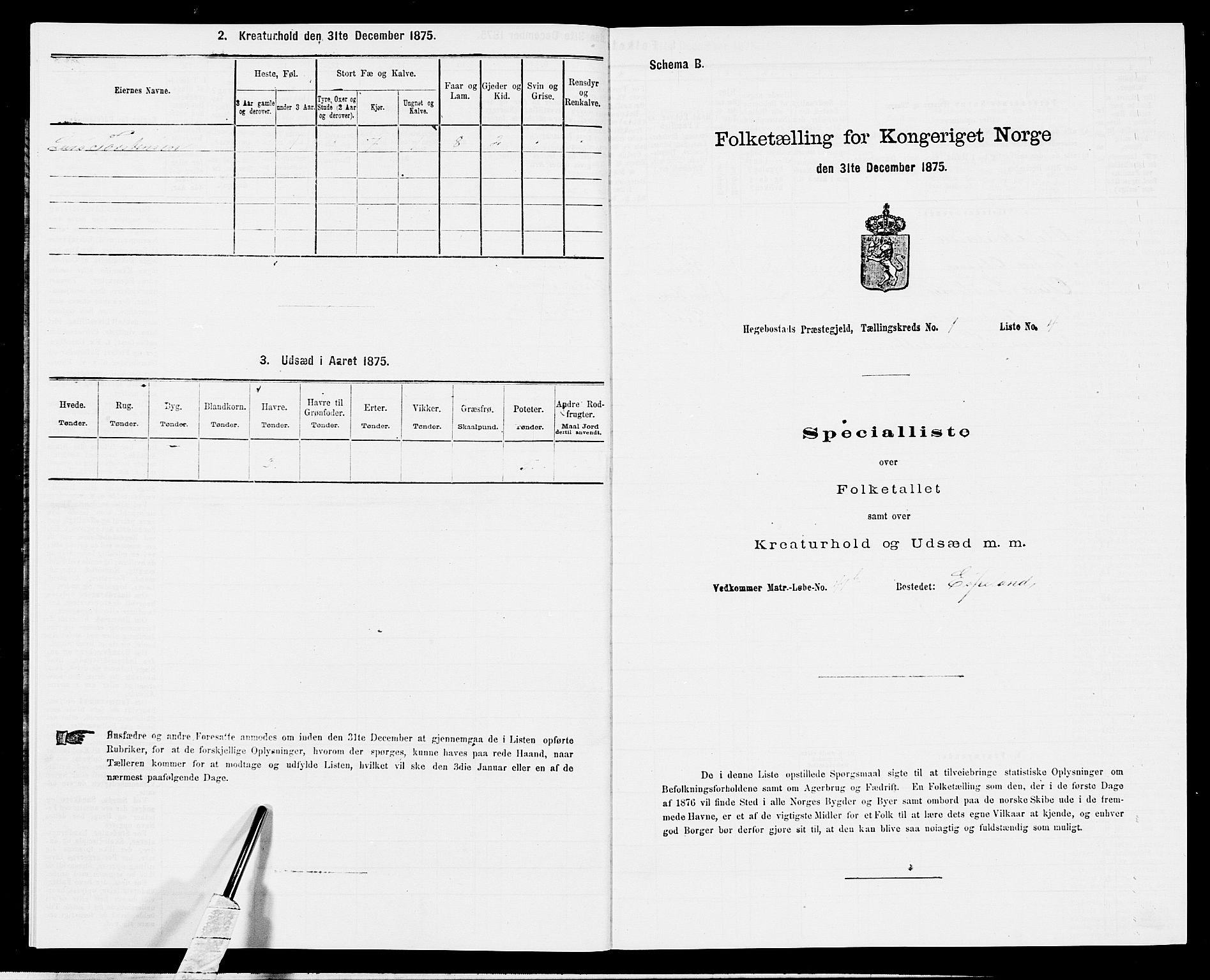 SAK, 1875 census for 1034P Hægebostad, 1875, p. 50