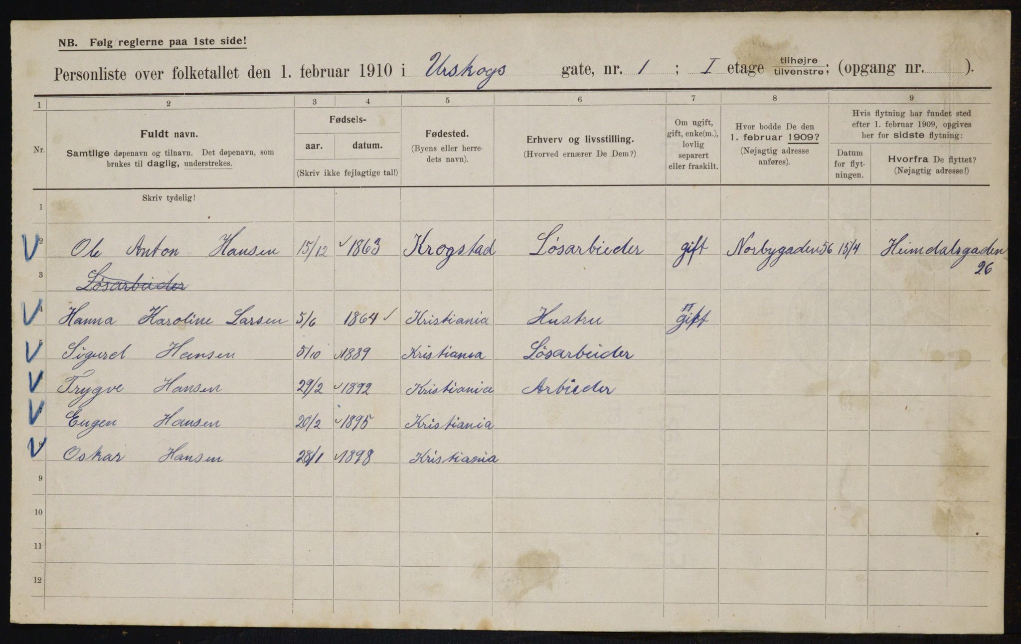 OBA, Municipal Census 1910 for Kristiania, 1910, p. 2433