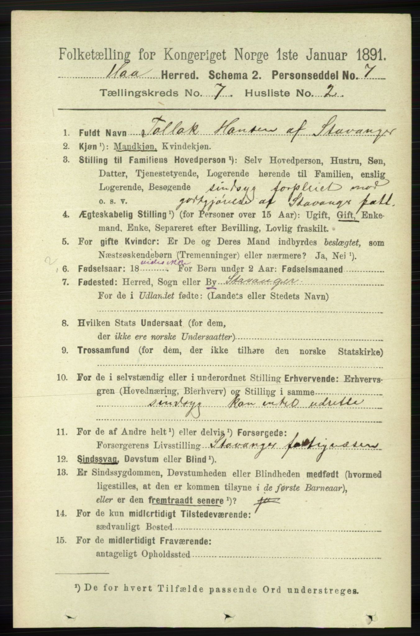 RA, 1891 census for 1119 Hå, 1891, p. 1927