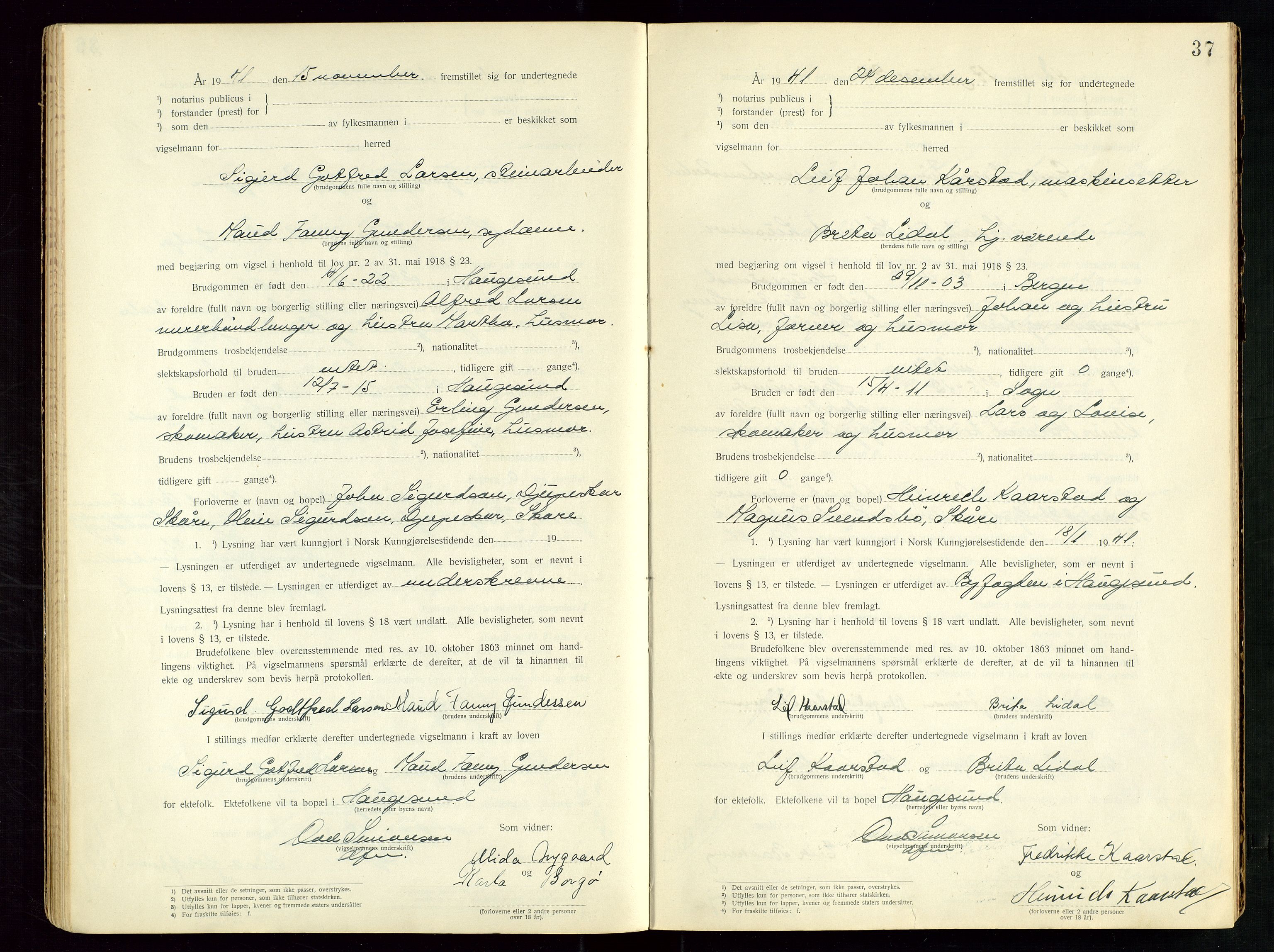 Haugesund tingrett, AV/SAST-A-101415/01/III/IIID/L0002: Vigselbok, 1938-1942, p. 37