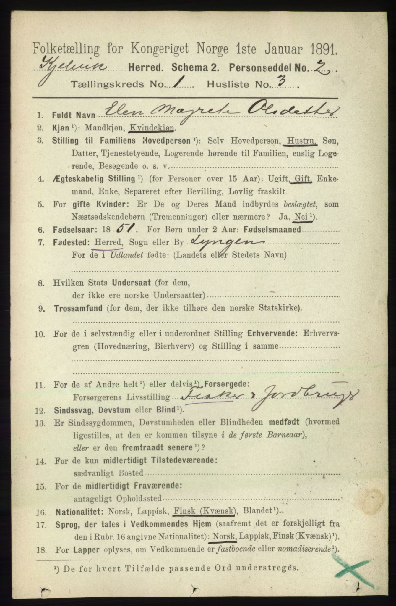 RA, 1891 census for 2019 Kjelvik, 1891, p. 51