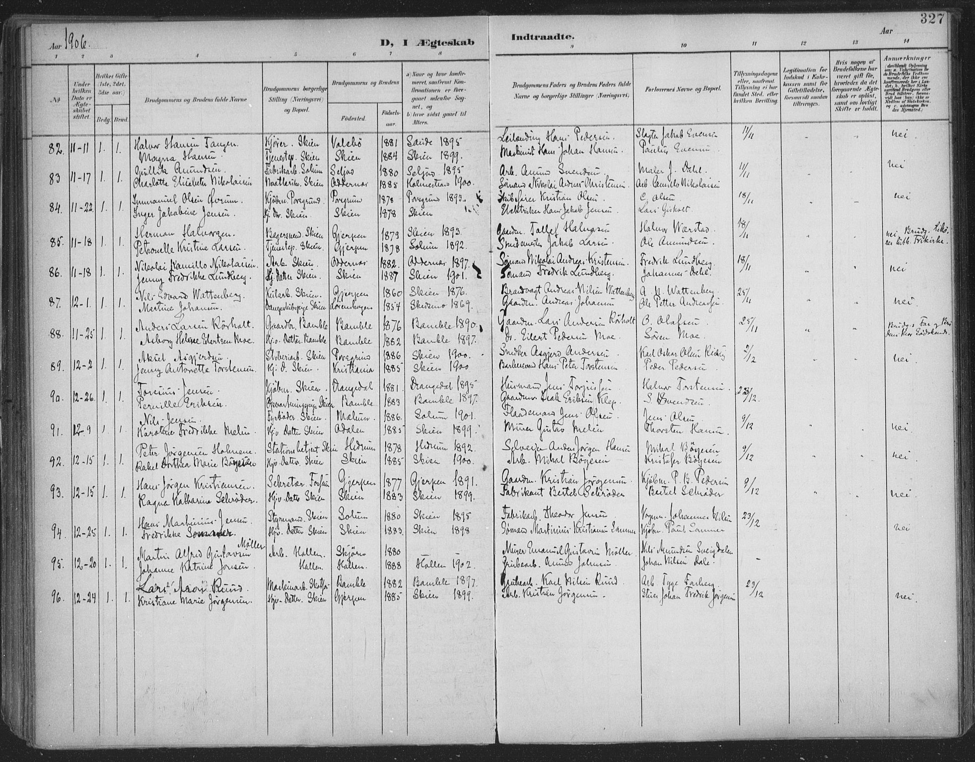 Skien kirkebøker, AV/SAKO-A-302/F/Fa/L0011: Parish register (official) no. 11, 1900-1907, p. 327