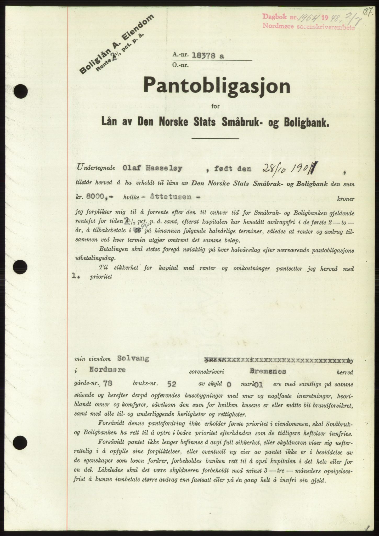 Nordmøre sorenskriveri, AV/SAT-A-4132/1/2/2Ca: Mortgage book no. B99, 1948-1948, Diary no: : 1954/1948