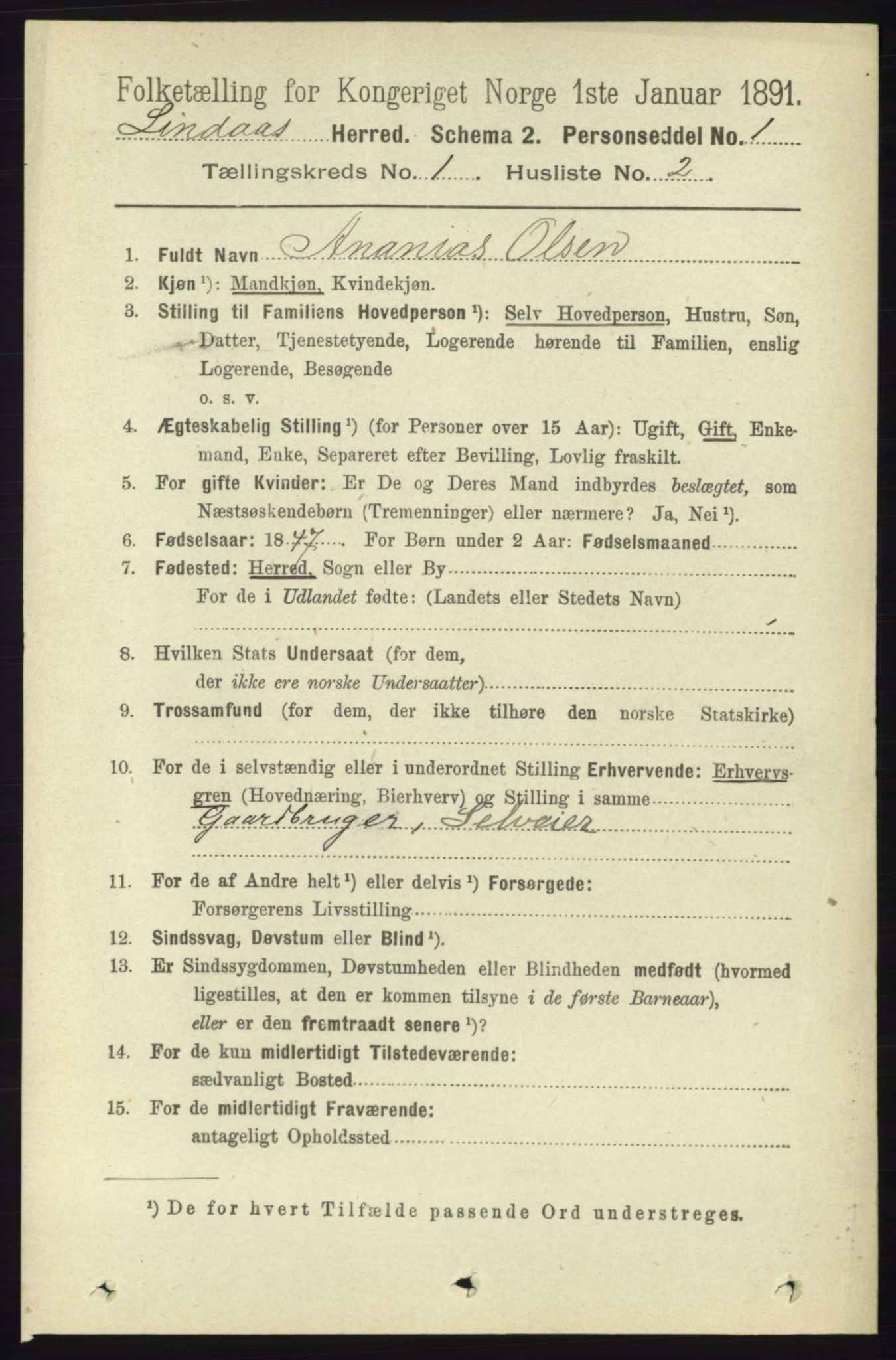 RA, 1891 census for 1263 Lindås, 1891, p. 97