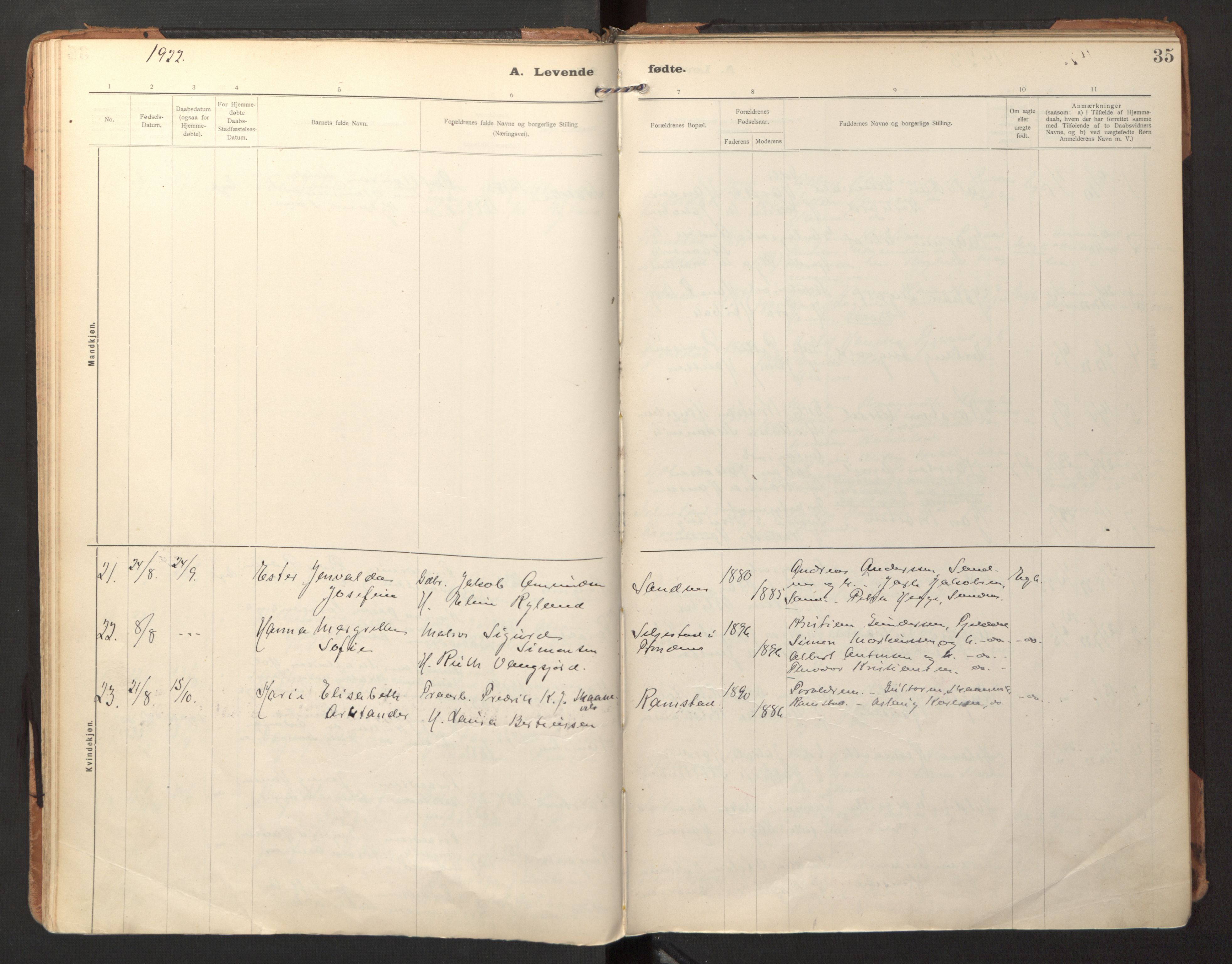 Ministerialprotokoller, klokkerbøker og fødselsregistre - Nordland, AV/SAT-A-1459/865/L0928: Parish register (official) no. 865A06, 1913-1926, p. 35