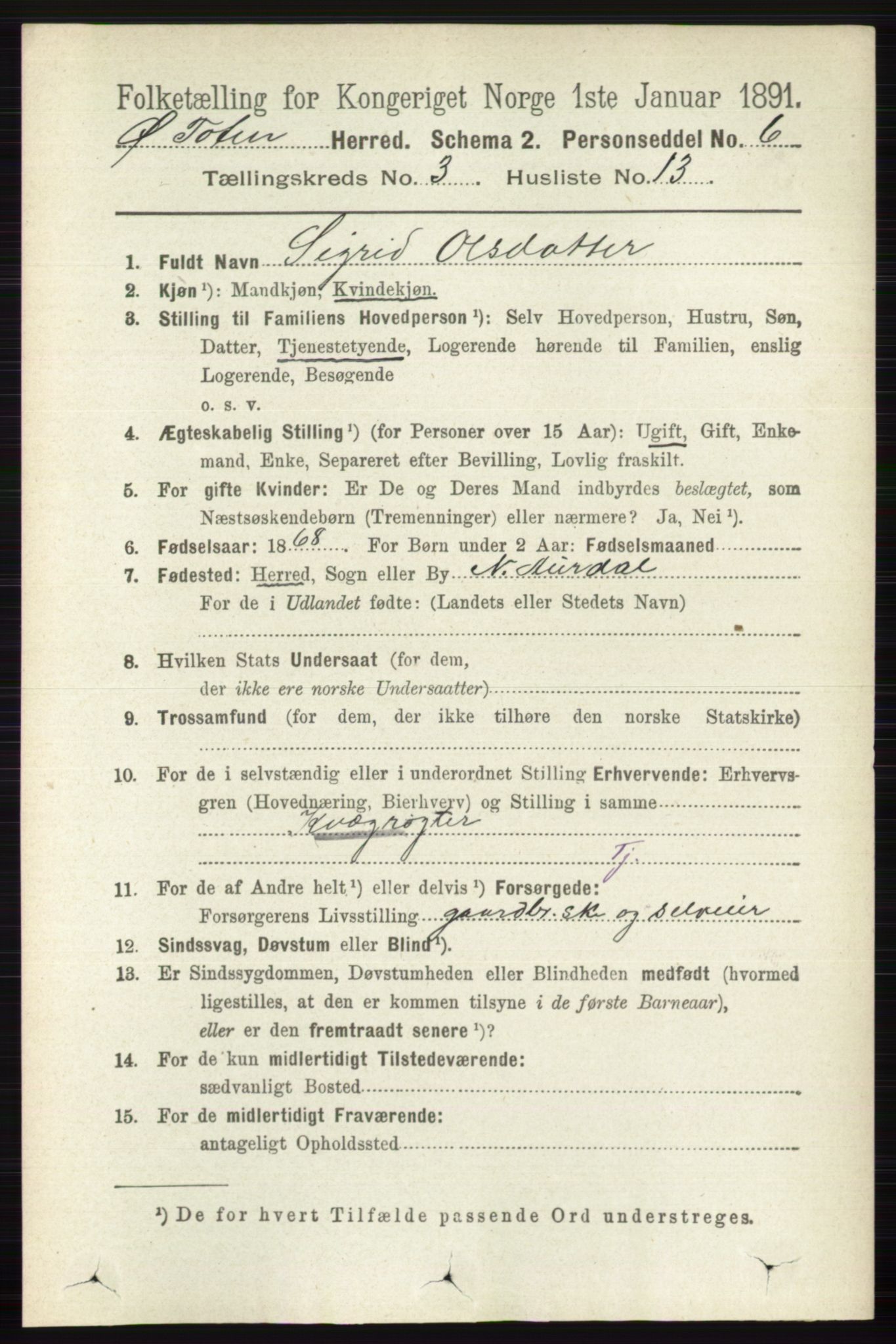 RA, 1891 census for 0528 Østre Toten, 1891, p. 1631