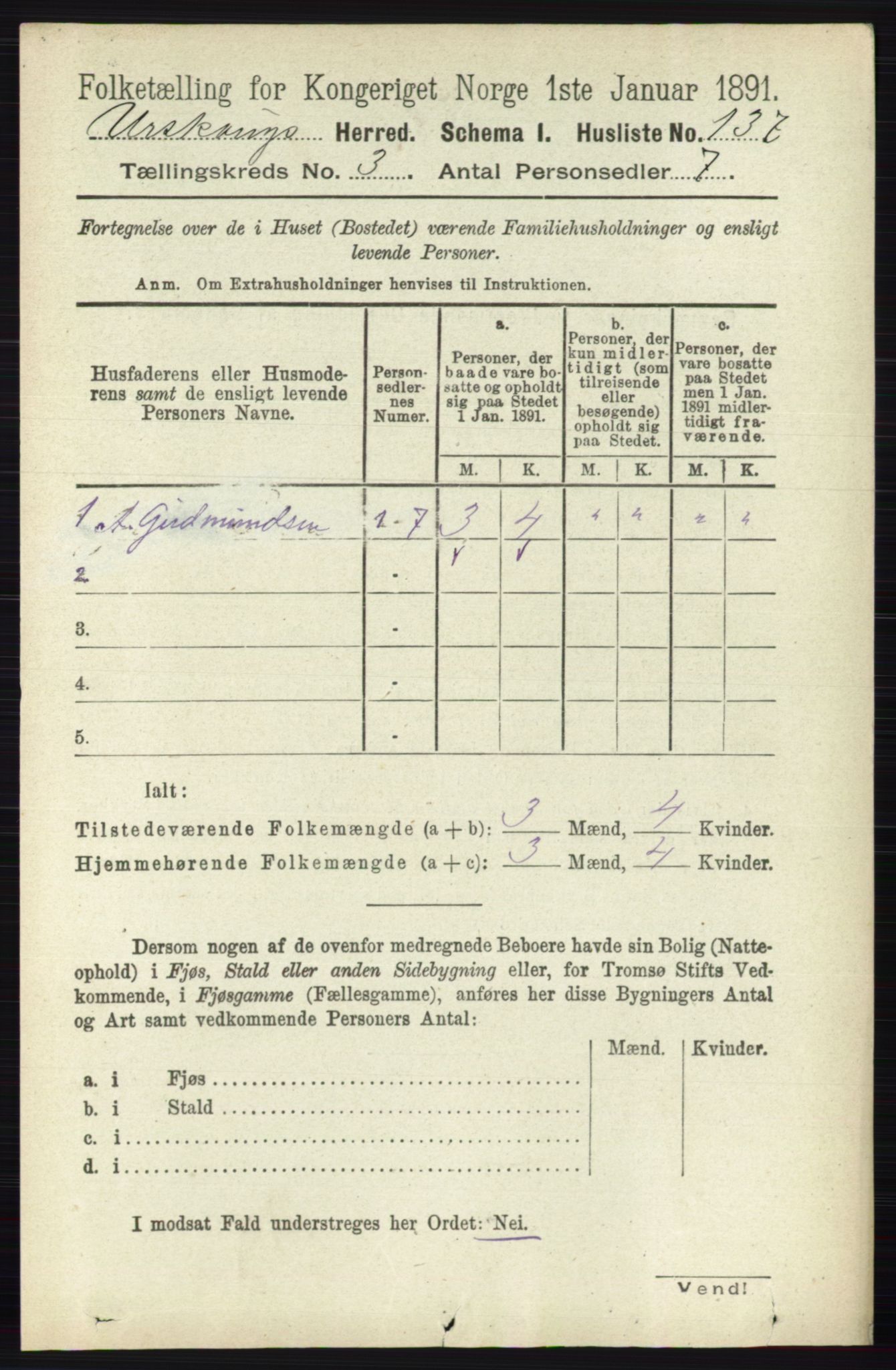 RA, 1891 census for 0224 Aurskog, 1891, p. 495