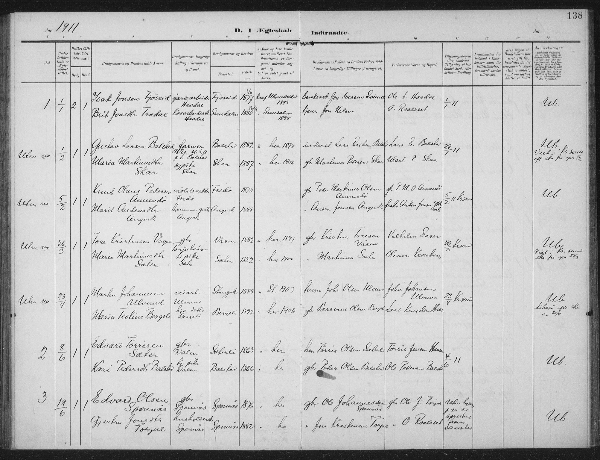 Ministerialprotokoller, klokkerbøker og fødselsregistre - Møre og Romsdal, AV/SAT-A-1454/586/L0989: Parish register (official) no. 586A15, 1906-1915, p. 138