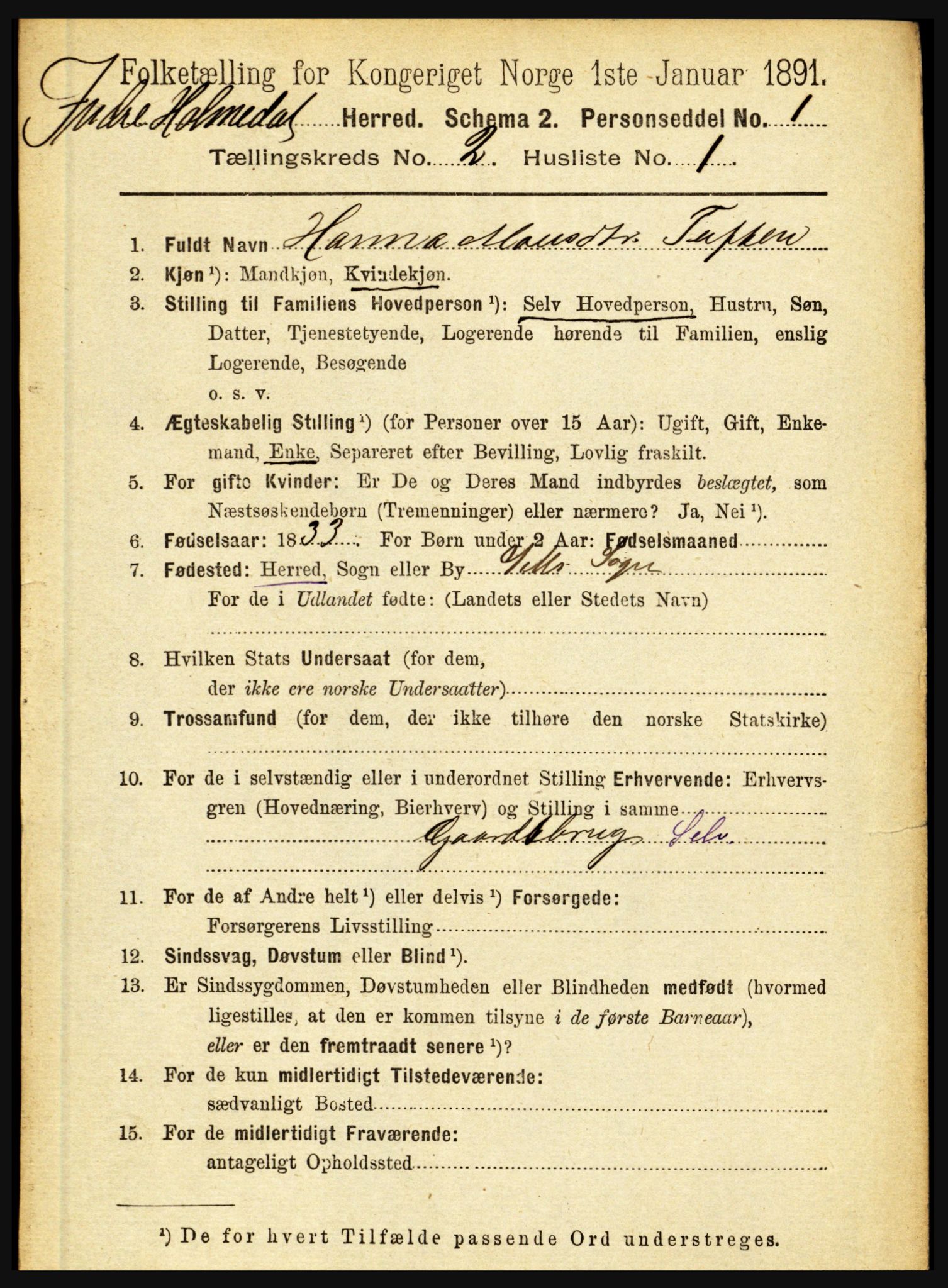 RA, 1891 census for 1430 Indre Holmedal, 1891, p. 457