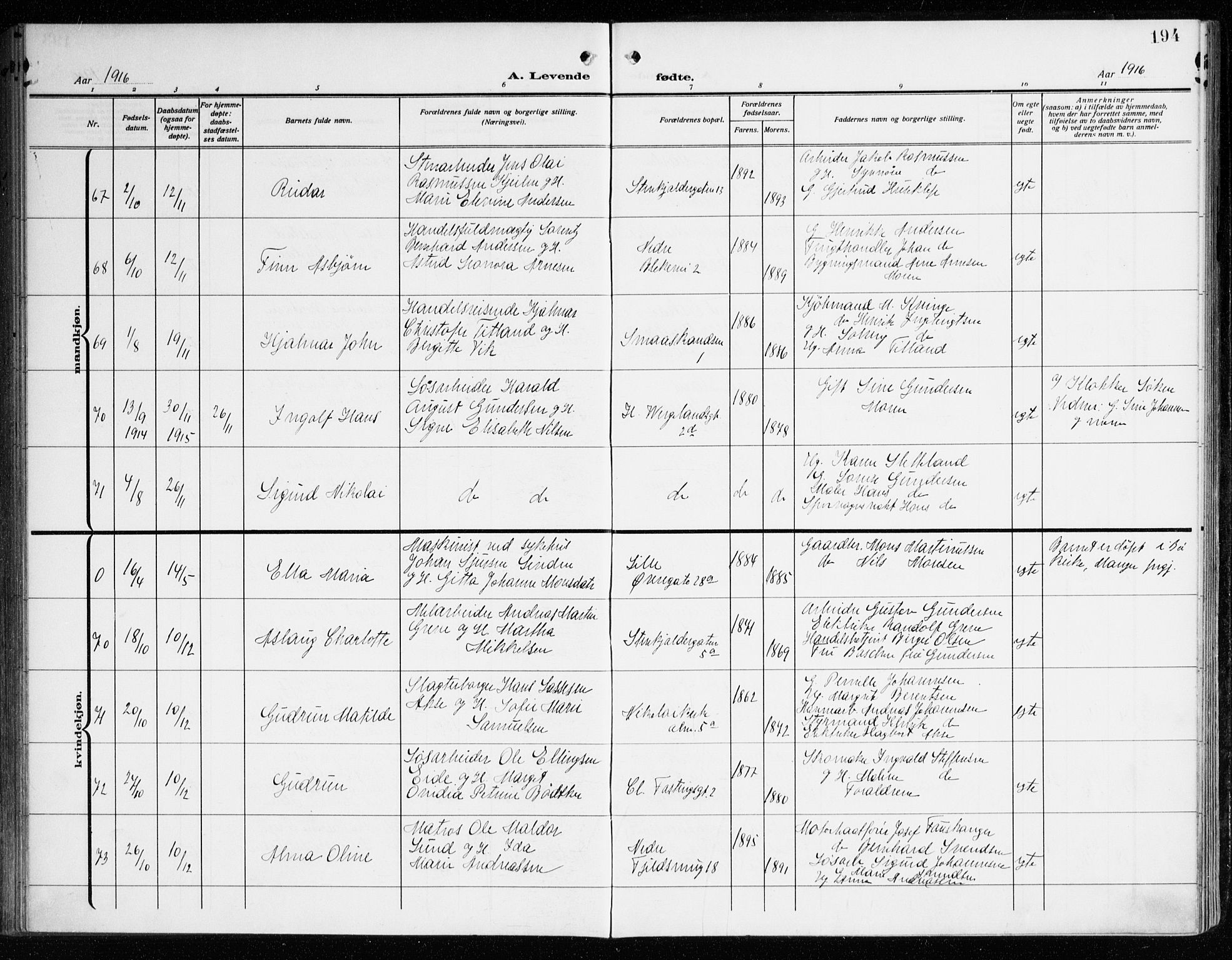 Korskirken sokneprestembete, AV/SAB-A-76101/H/Haa: Parish register (official) no. B 10, 1909-1923, p. 194