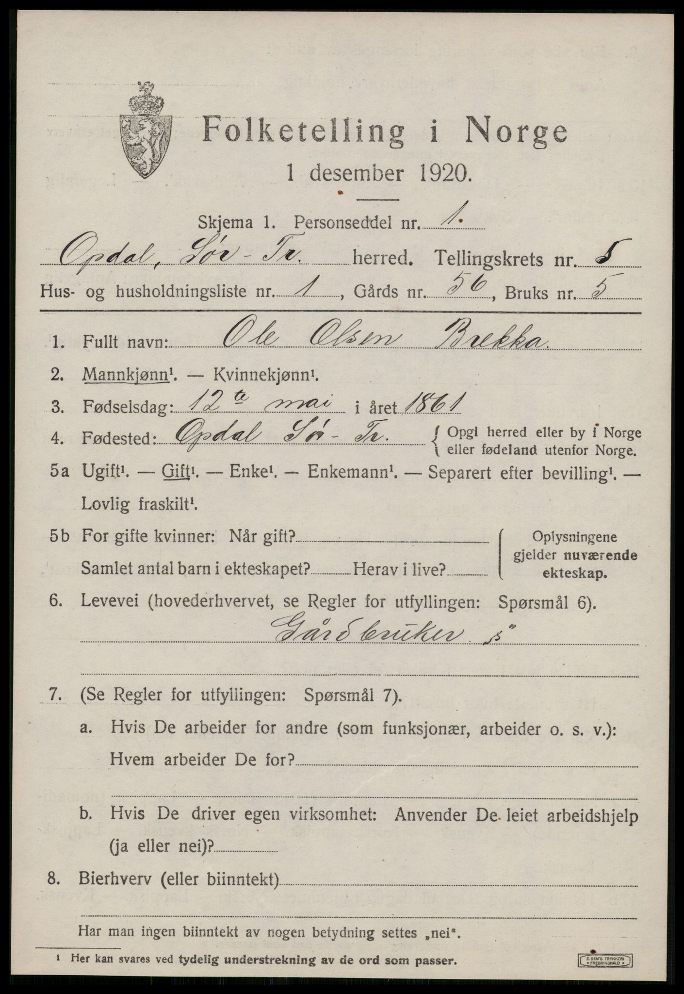 SAT, 1920 census for Oppdal, 1920, p. 4965