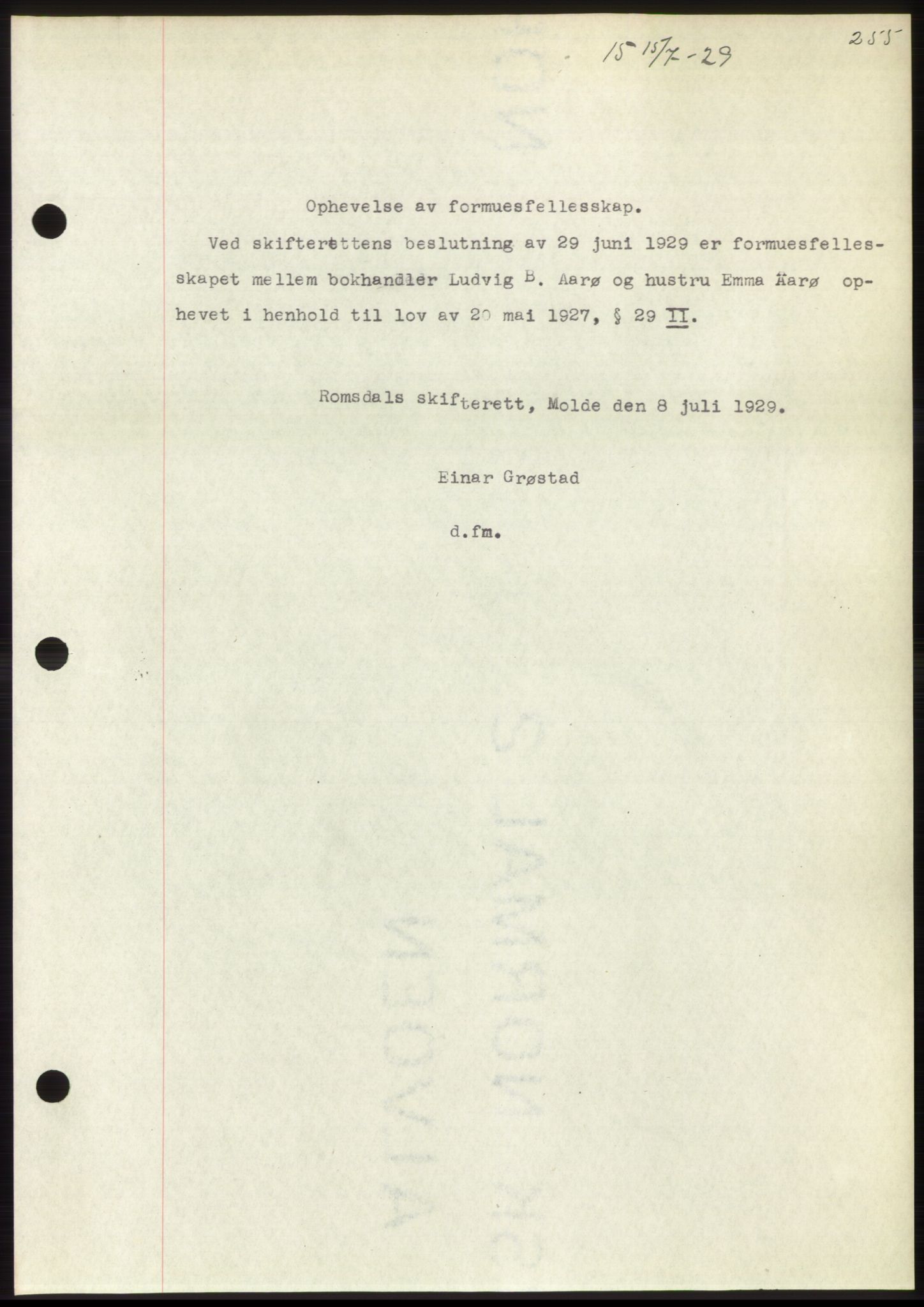 Romsdal sorenskriveri, AV/SAT-A-4149/1/2/2C/L0056: Mortgage book no. 50, 1929-1929, Deed date: 15.07.1929