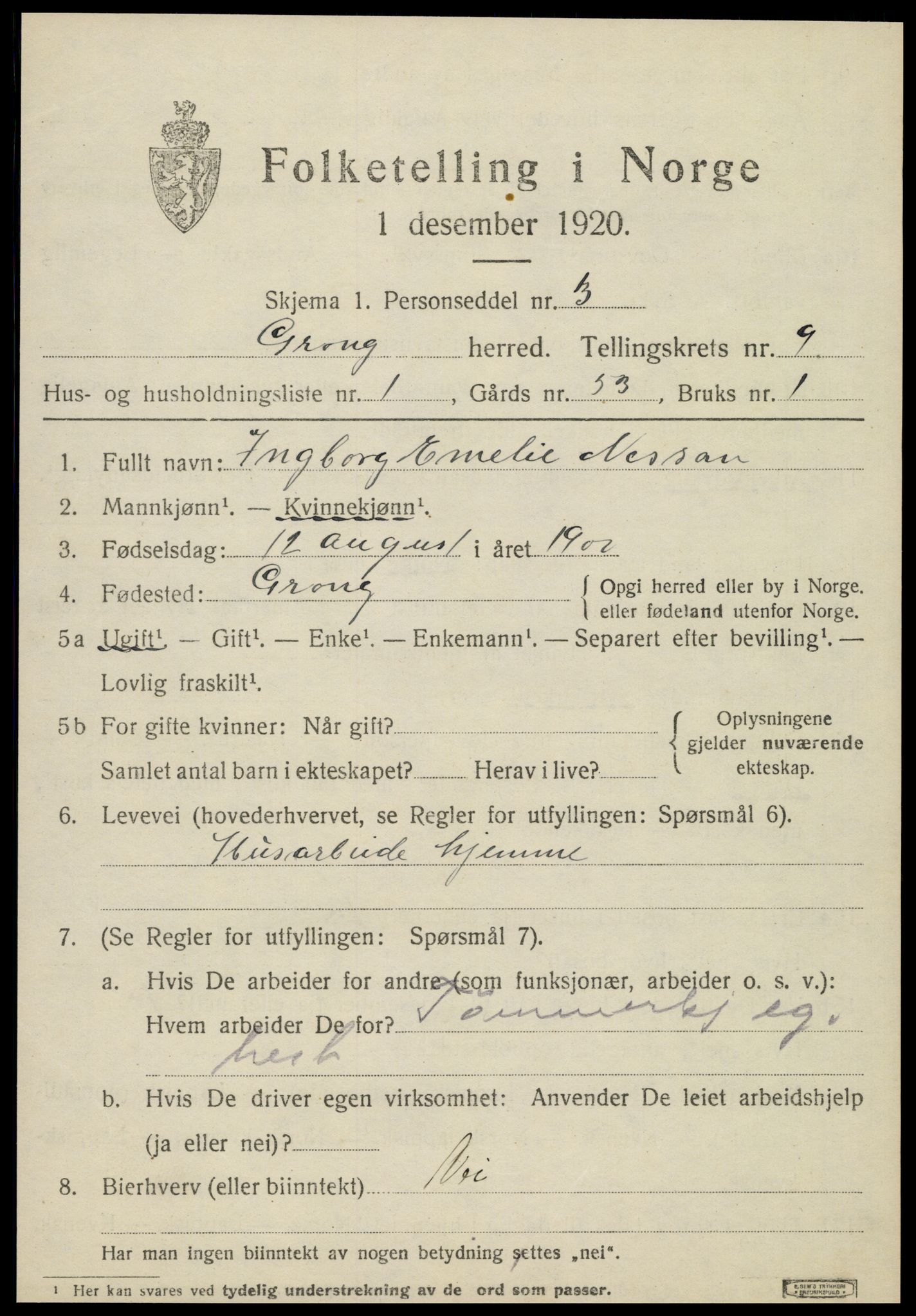 SAT, 1920 census for Grong, 1920, p. 5109