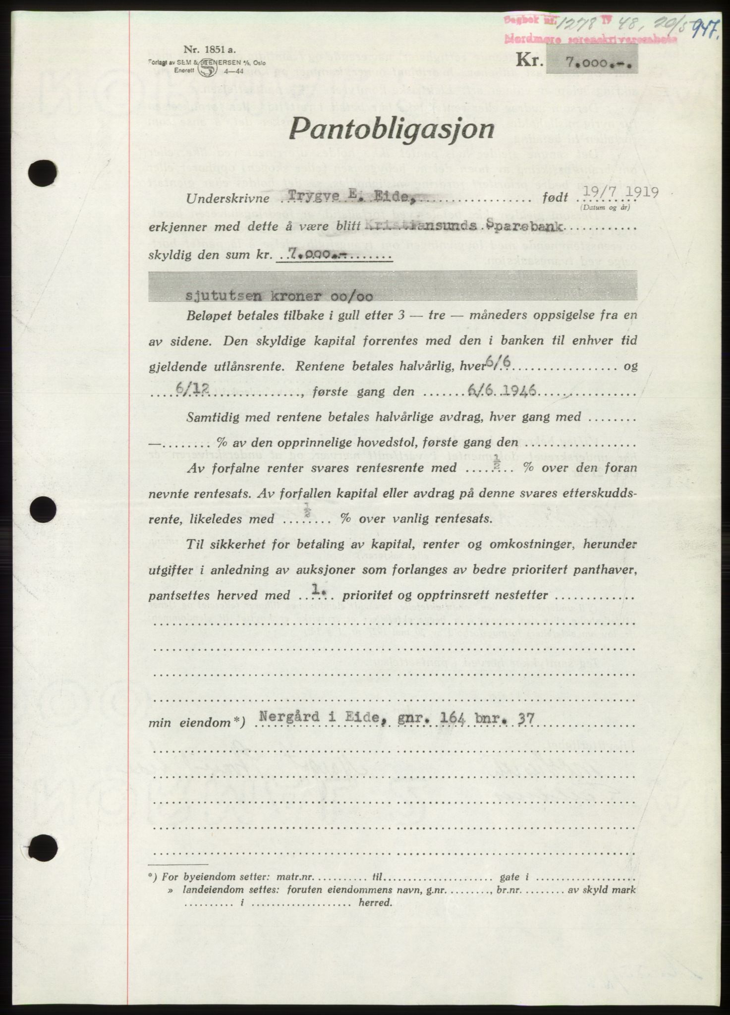 Nordmøre sorenskriveri, AV/SAT-A-4132/1/2/2Ca: Mortgage book no. B98, 1948-1948, Diary no: : 1278/1948