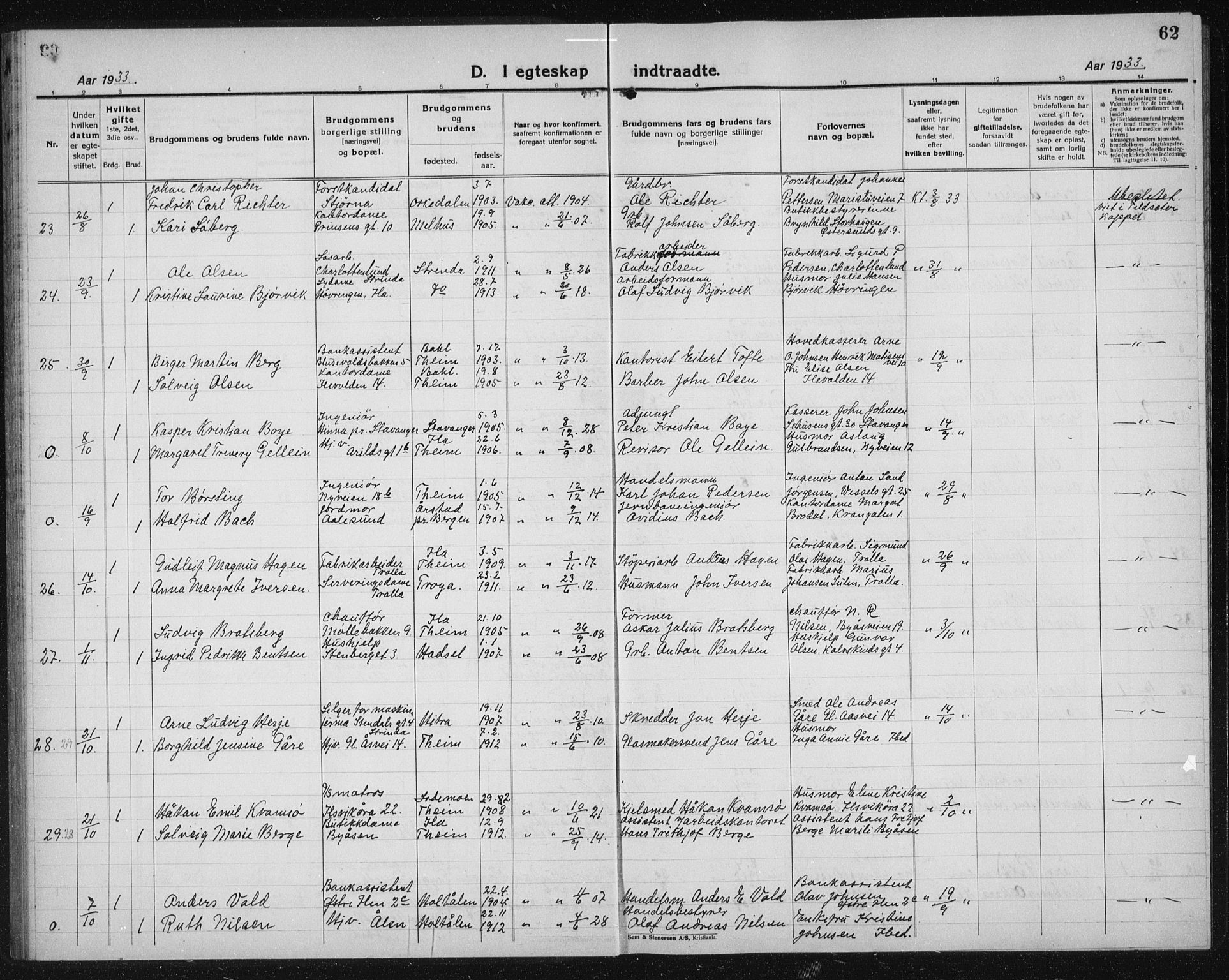 Ministerialprotokoller, klokkerbøker og fødselsregistre - Sør-Trøndelag, AV/SAT-A-1456/603/L0176: Parish register (copy) no. 603C04, 1923-1941, p. 62