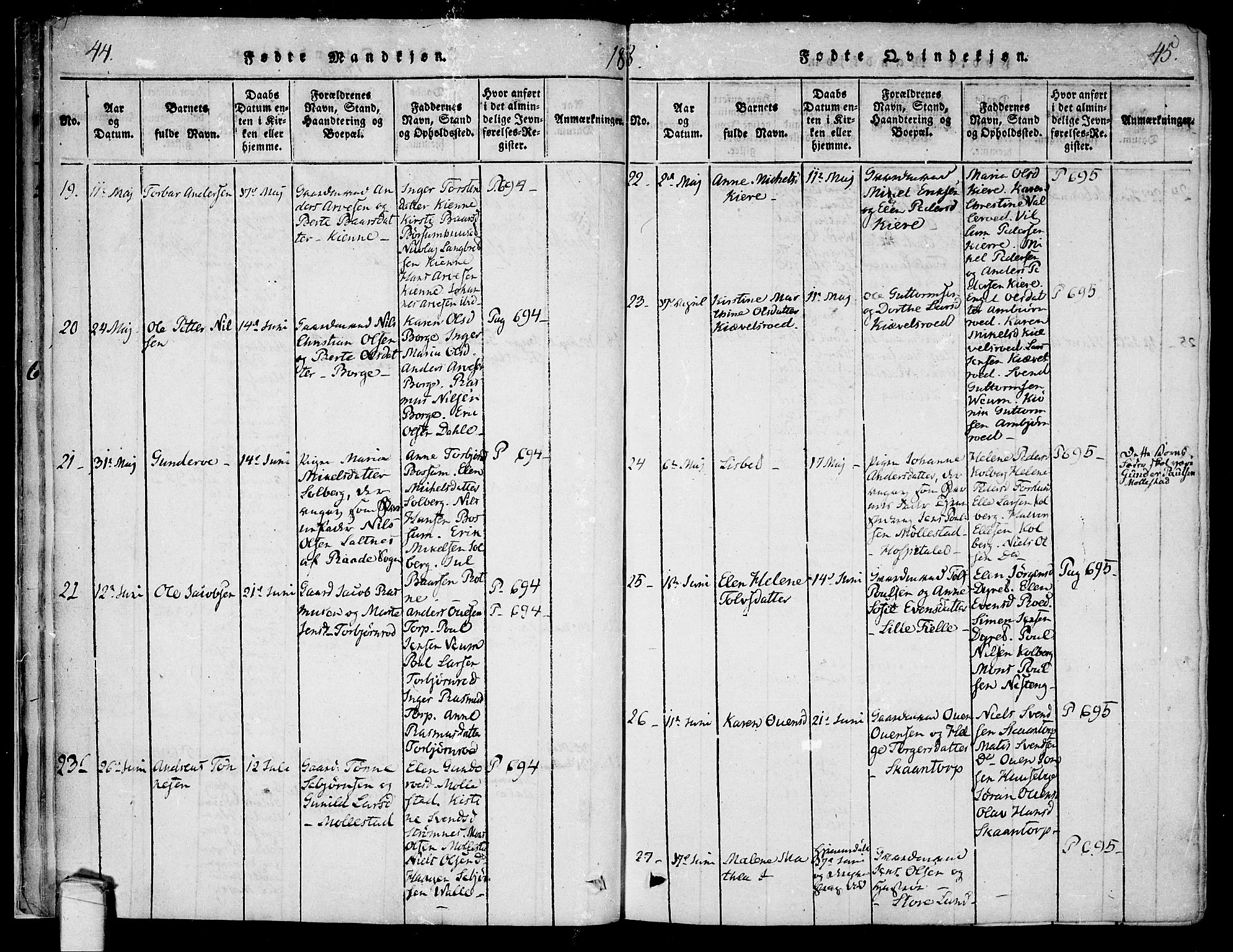 Onsøy prestekontor Kirkebøker, AV/SAO-A-10914/F/Fa/L0002: Parish register (official) no. I 2, 1814-1840, p. 44-45