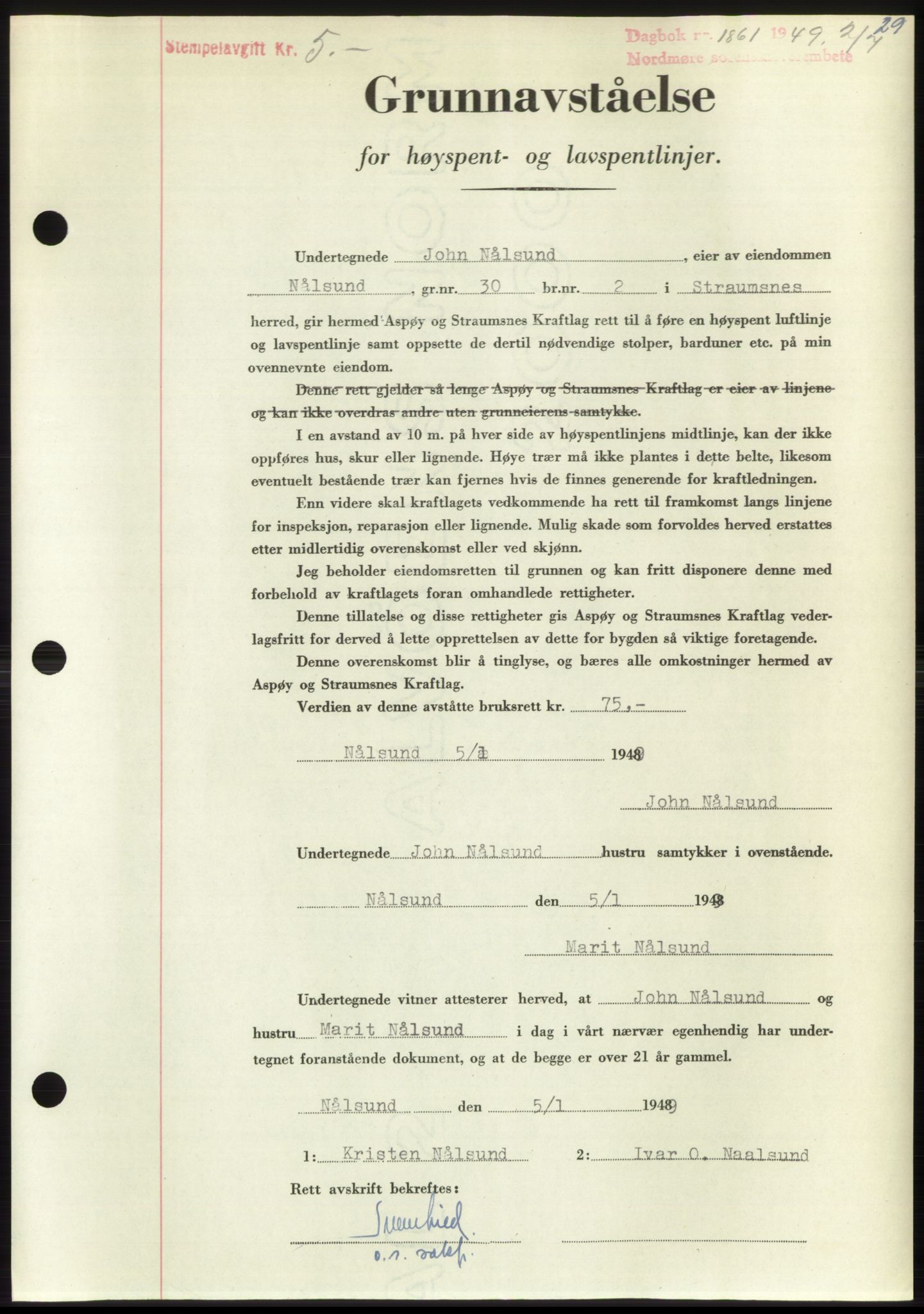 Nordmøre sorenskriveri, AV/SAT-A-4132/1/2/2Ca: Mortgage book no. B102, 1949-1949, Diary no: : 1861/1949