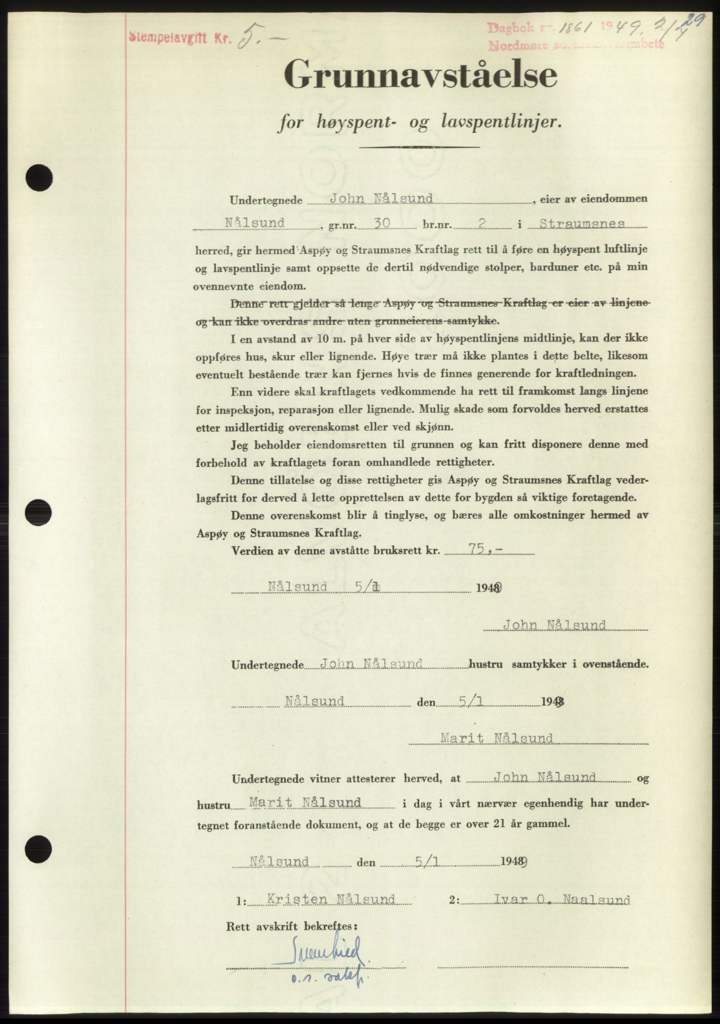 Nordmøre sorenskriveri, AV/SAT-A-4132/1/2/2Ca: Mortgage book no. B102, 1949-1949, Diary no: : 1861/1949