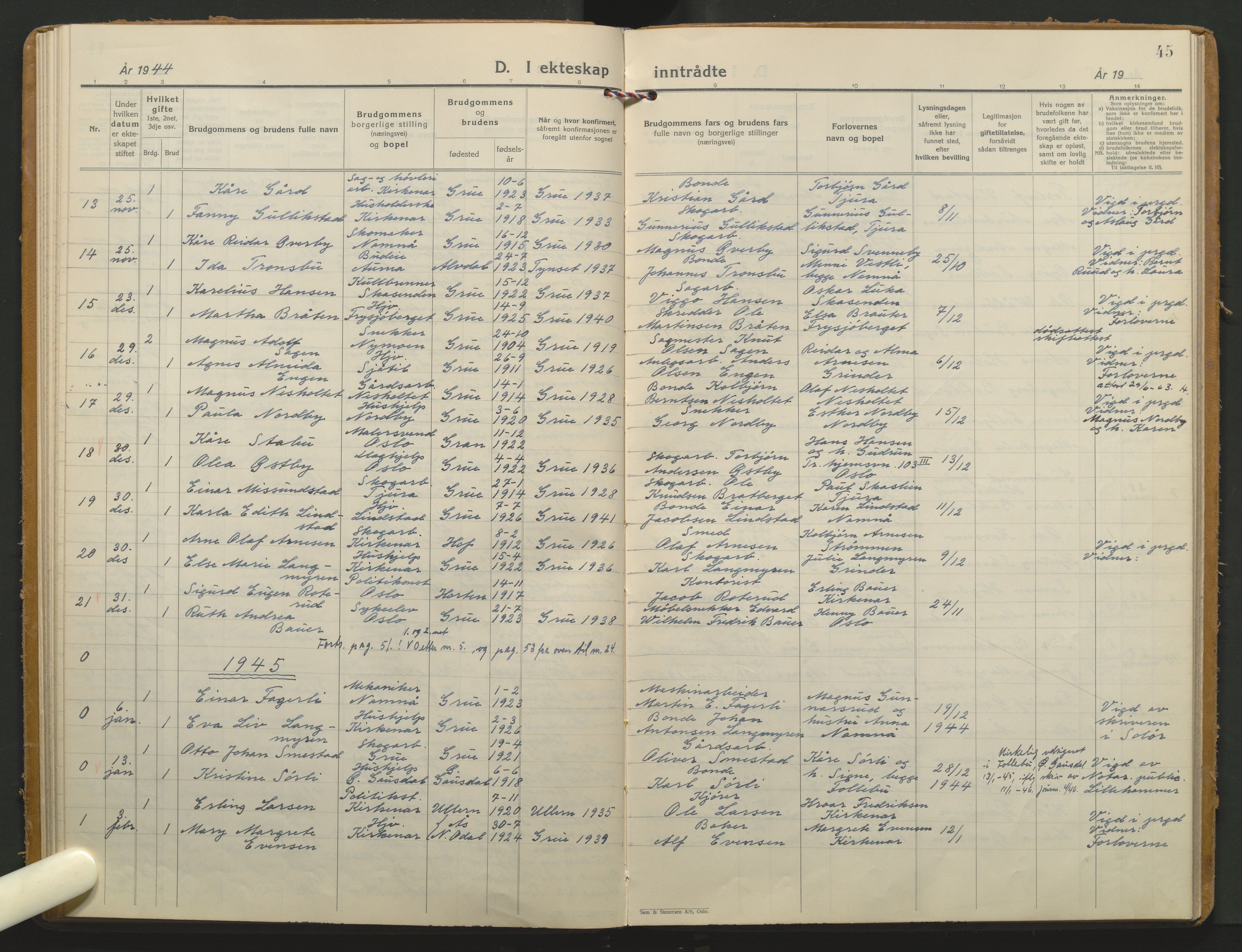 Grue prestekontor, AV/SAH-PREST-036/H/Ha/Haa/L0020: Parish register (official) no. 20, 1935-1946, p. 45