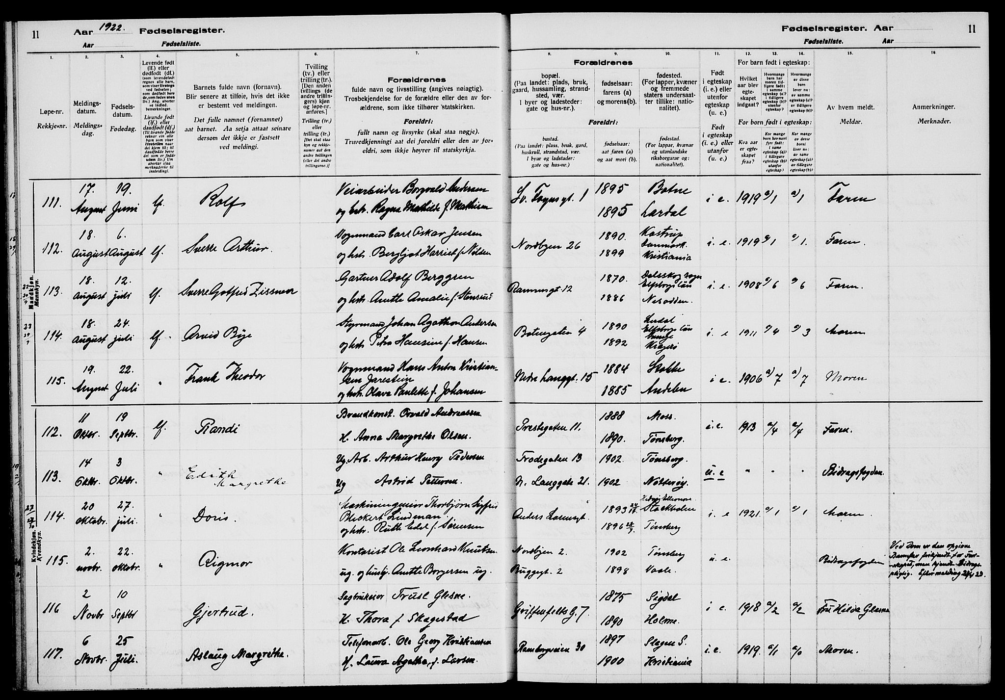 Tønsberg kirkebøker, AV/SAKO-A-330/J/Ja/L0002: Birth register no. 2, 1922-1928, p. 11