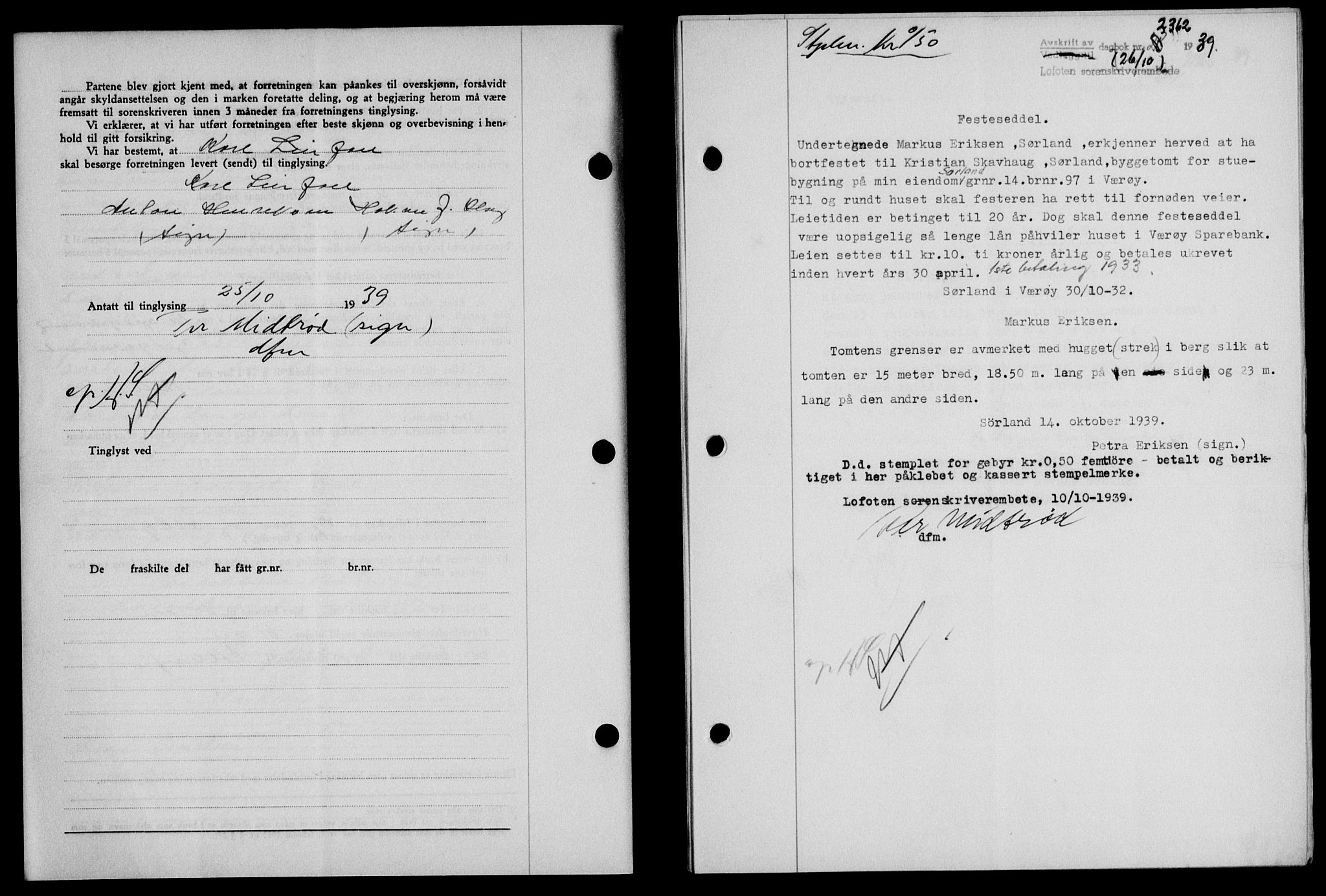 Lofoten sorenskriveri, SAT/A-0017/1/2/2C/L0006a: Mortgage book no. 6a, 1939-1939, Diary no: : 2362/1939