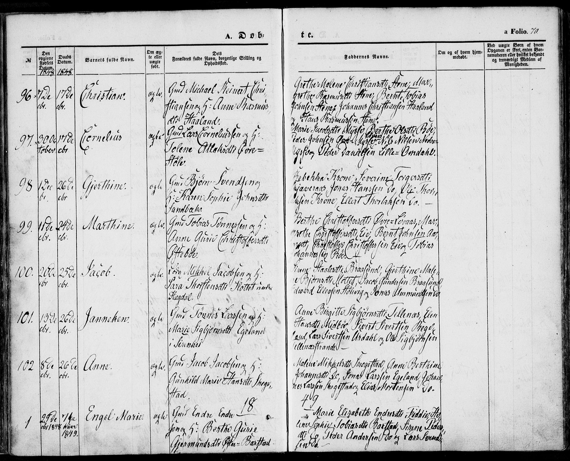 Sokndal sokneprestkontor, SAST/A-101808: Parish register (official) no. A 8.1, 1842-1857, p. 70