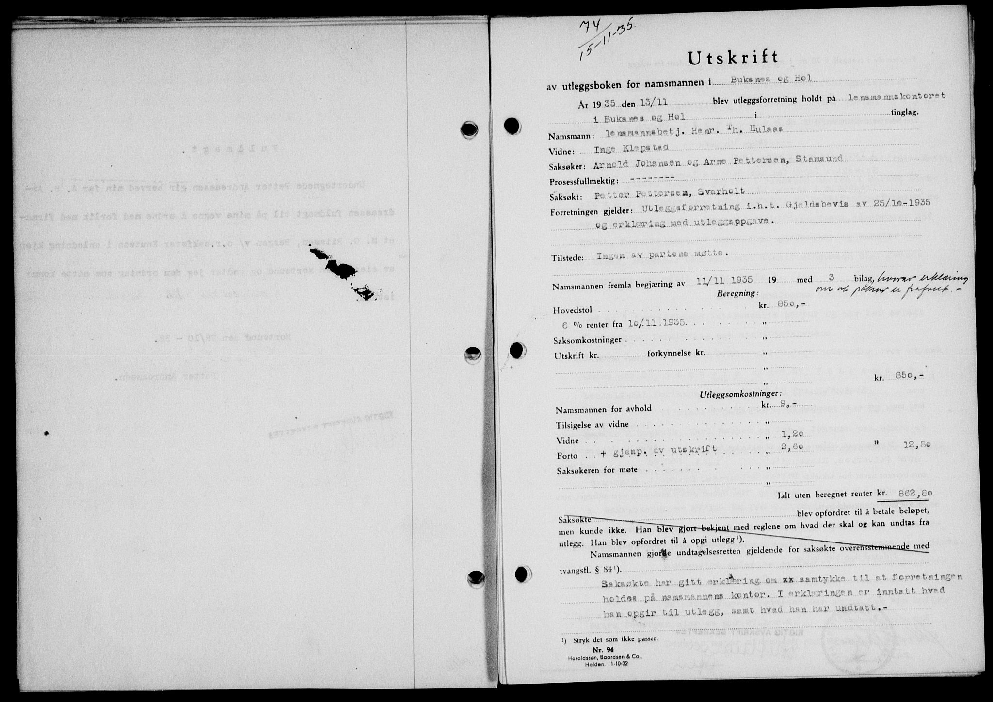 Lofoten sorenskriveri, SAT/A-0017/1/2/2C/L0032b: Mortgage book no. 32b, 1935-1935, Deed date: 15.11.1935