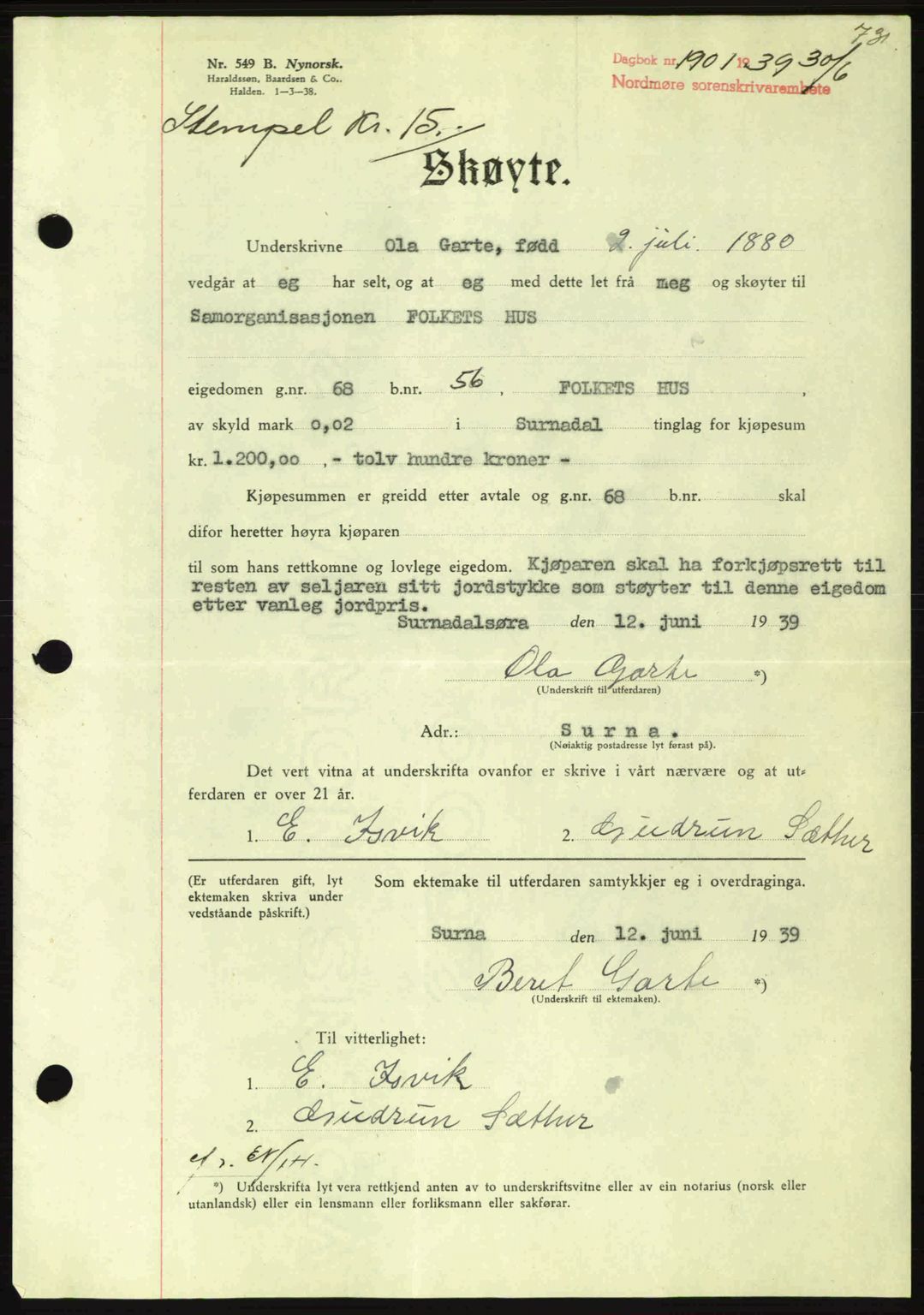 Nordmøre sorenskriveri, AV/SAT-A-4132/1/2/2Ca: Mortgage book no. A86, 1939-1939, Diary no: : 1901/1939