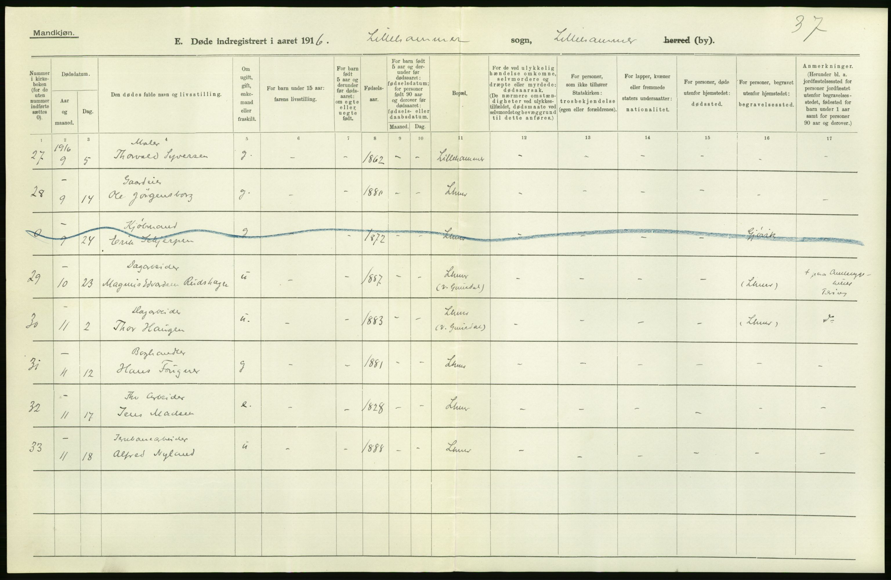 Statistisk sentralbyrå, Sosiodemografiske emner, Befolkning, AV/RA-S-2228/D/Df/Dfb/Dfbf/L0016: Kristians amt: Døde. Bygder og byer., 1916, p. 406