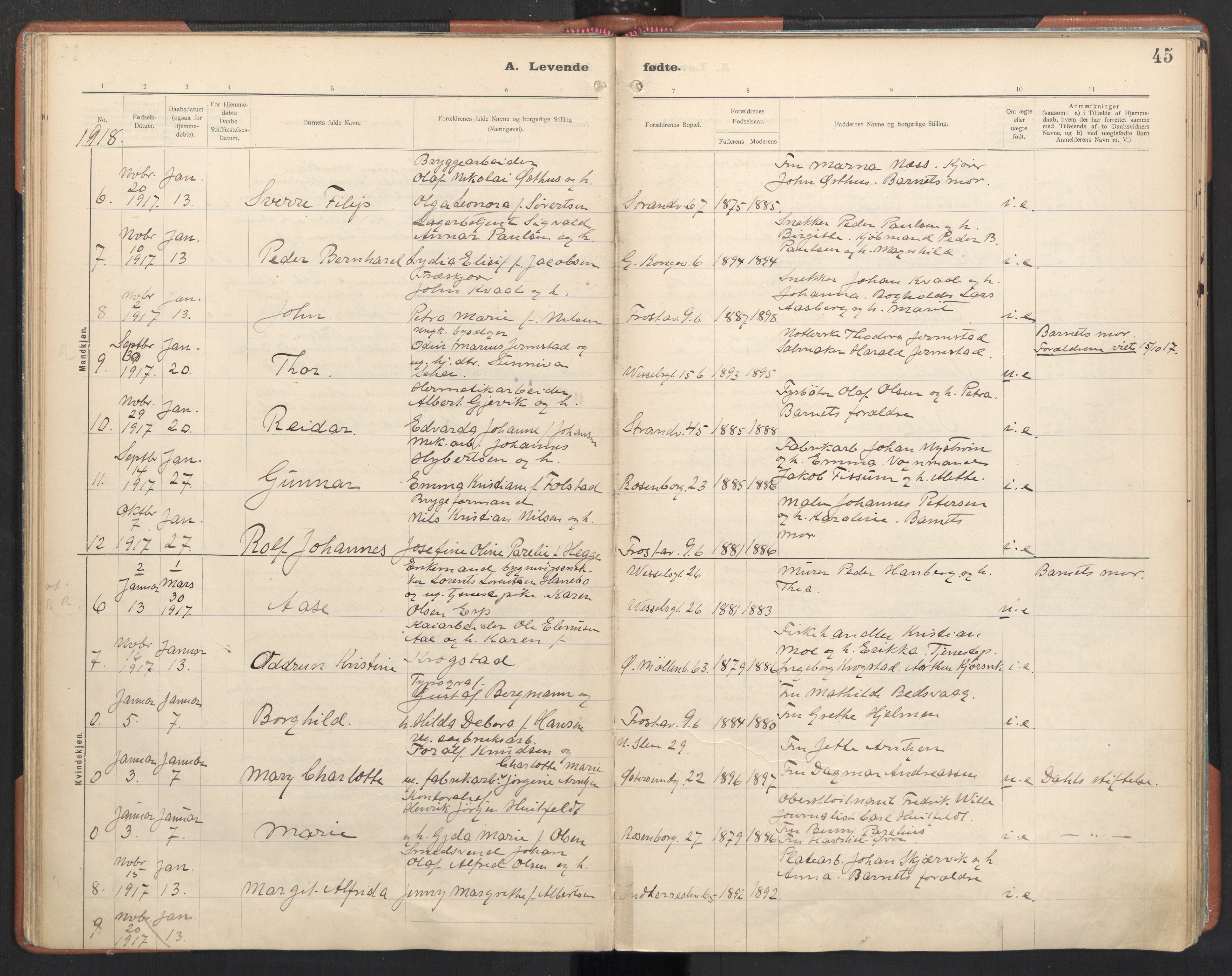 Ministerialprotokoller, klokkerbøker og fødselsregistre - Sør-Trøndelag, SAT/A-1456/605/L0246: Parish register (official) no. 605A08, 1916-1920, p. 45