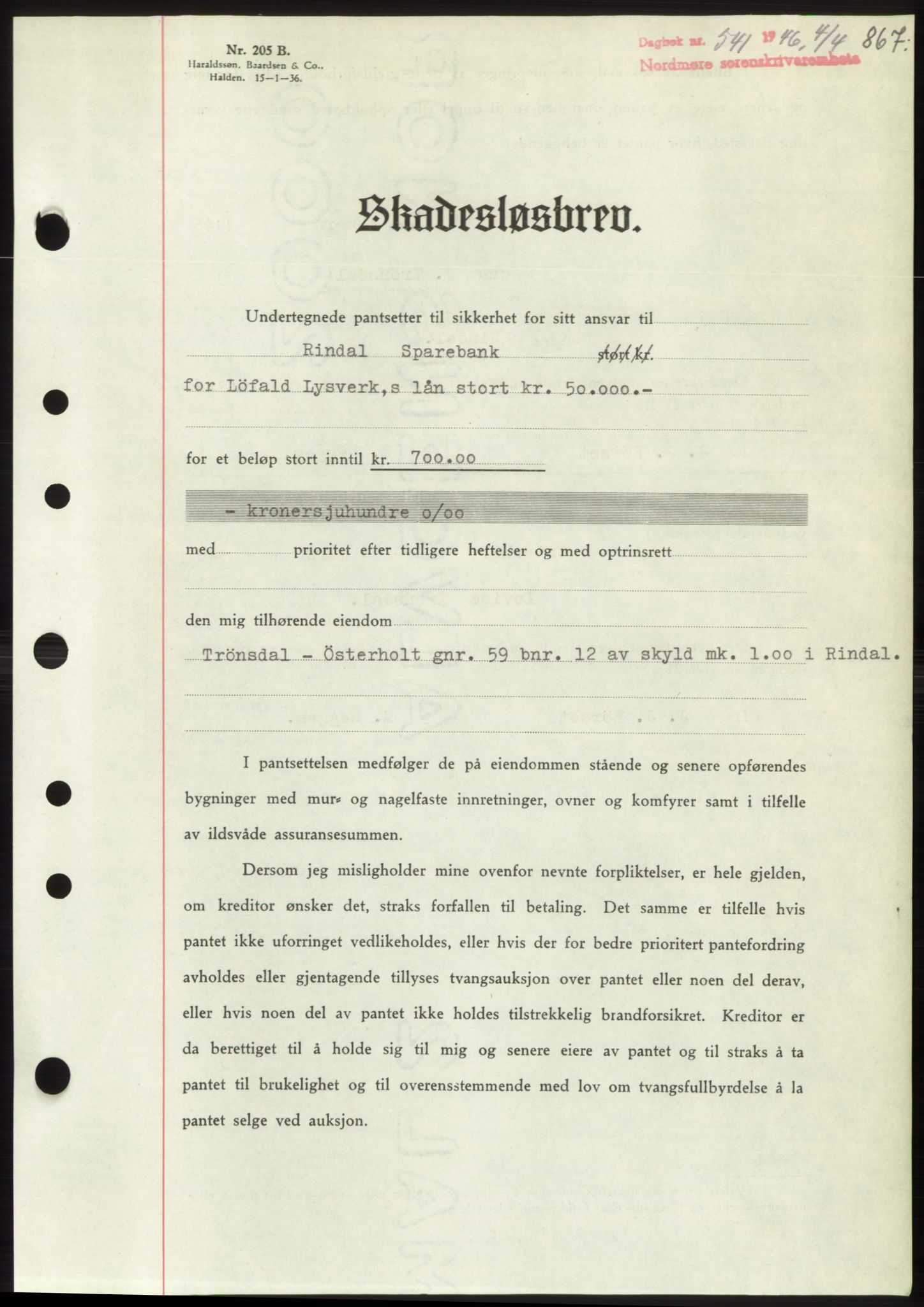 Nordmøre sorenskriveri, AV/SAT-A-4132/1/2/2Ca: Mortgage book no. B93b, 1946-1946, Diary no: : 541/1946