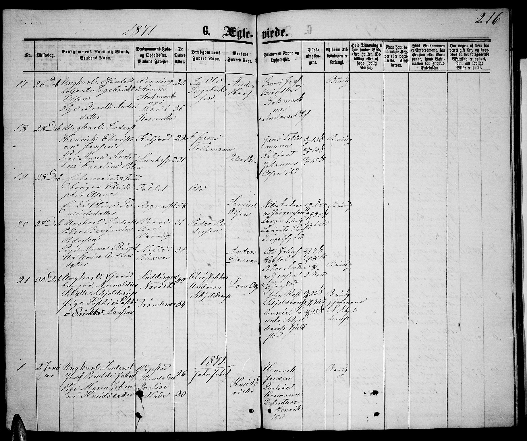 Ministerialprotokoller, klokkerbøker og fødselsregistre - Nordland, AV/SAT-A-1459/888/L1266: Parish register (copy) no. 888C04, 1864-1877, p. 216