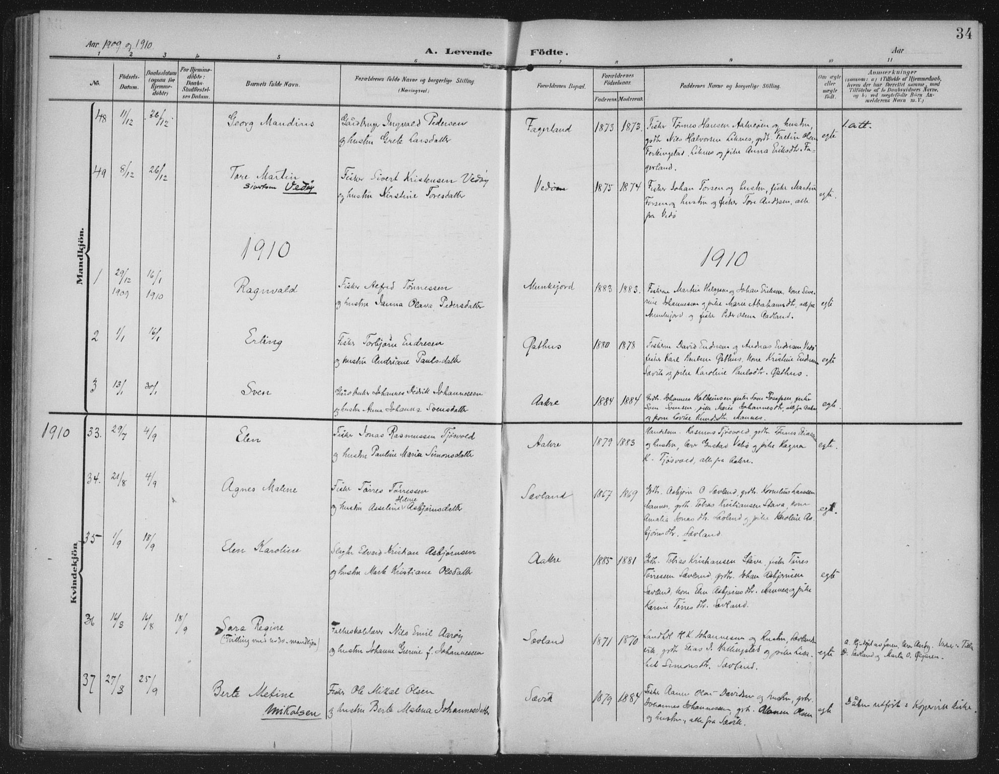 Kopervik sokneprestkontor, AV/SAST-A-101850/H/Ha/Haa/L0005: Parish register (official) no. A 5, 1906-1924, p. 34