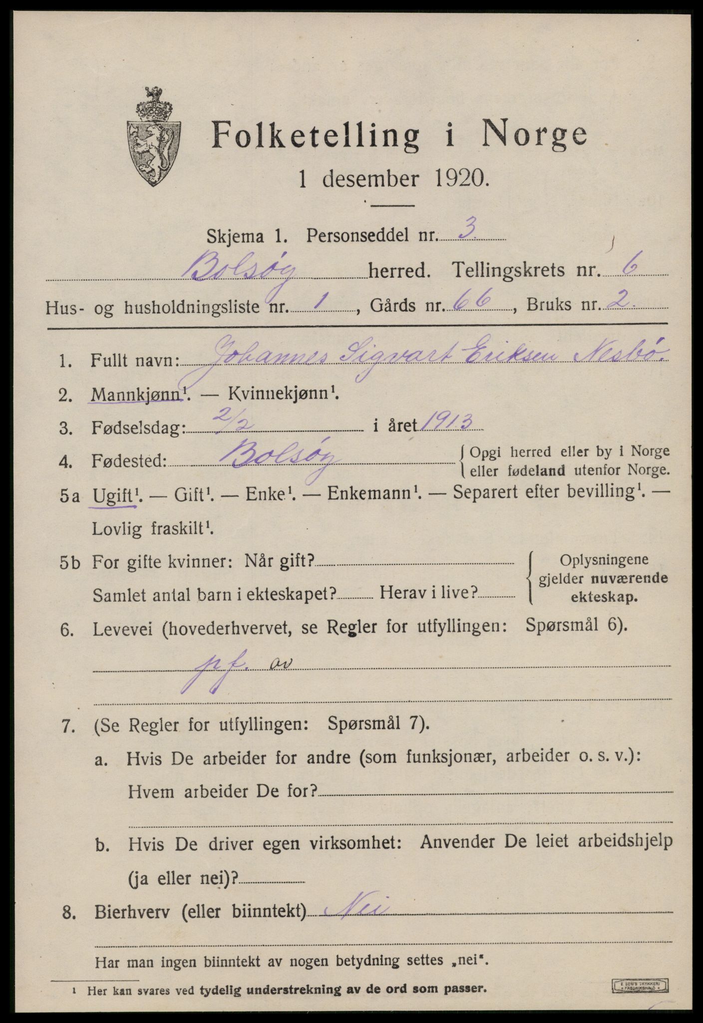 SAT, 1920 census for Bolsøy, 1920, p. 8233
