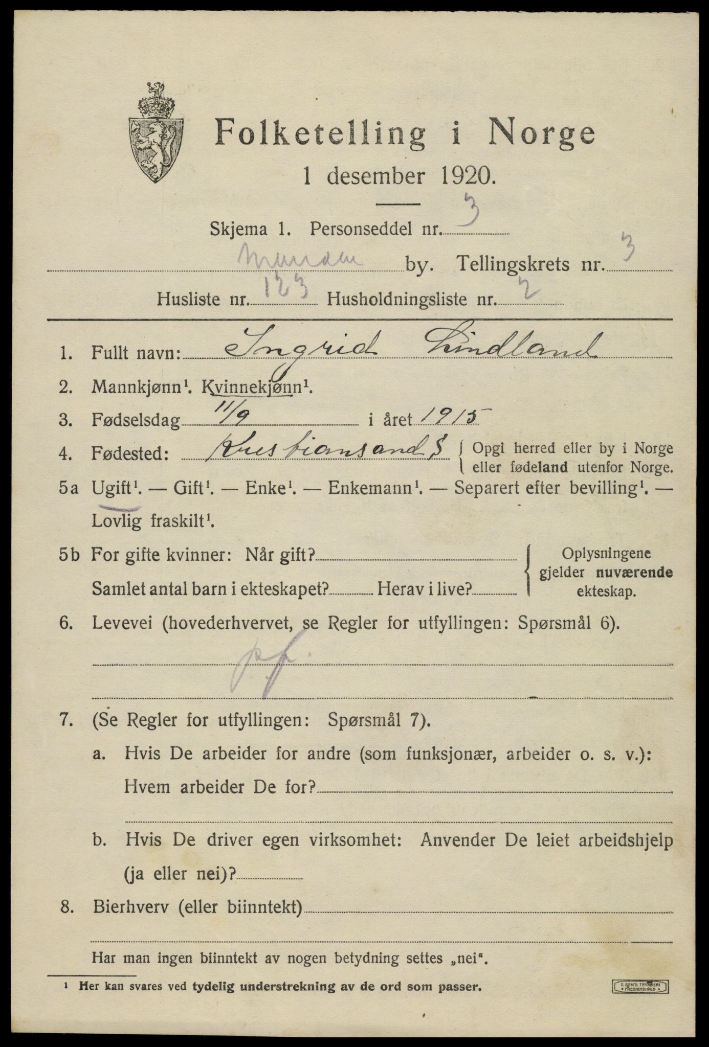 SAK, 1920 census for Mandal, 1920, p. 6873