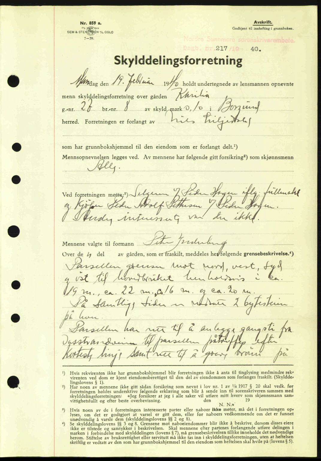 Nordre Sunnmøre sorenskriveri, AV/SAT-A-0006/1/2/2C/2Ca: Mortgage book no. A8, 1939-1940, Diary no: : 217/1940