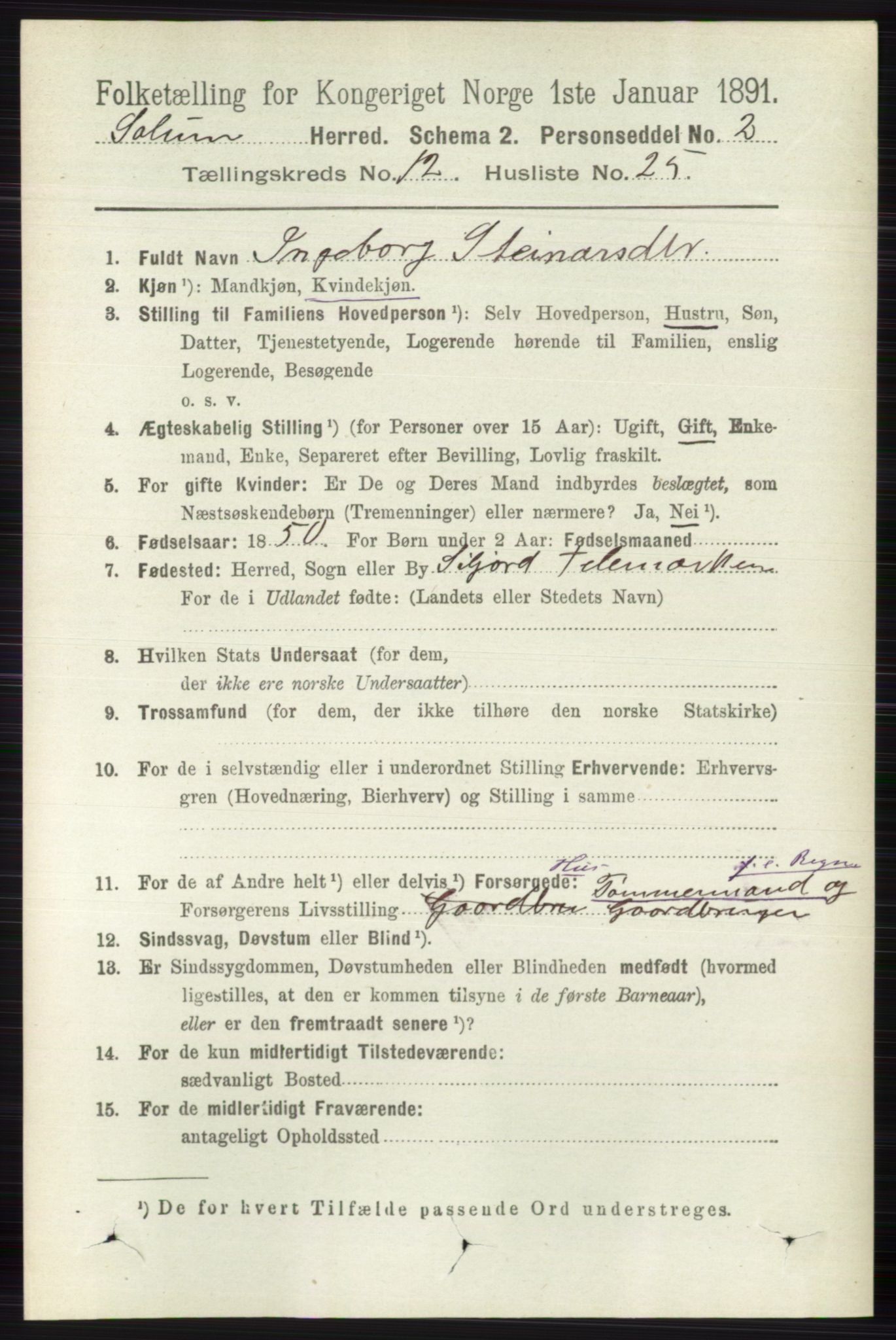 RA, 1891 census for 0818 Solum, 1891, p. 5732