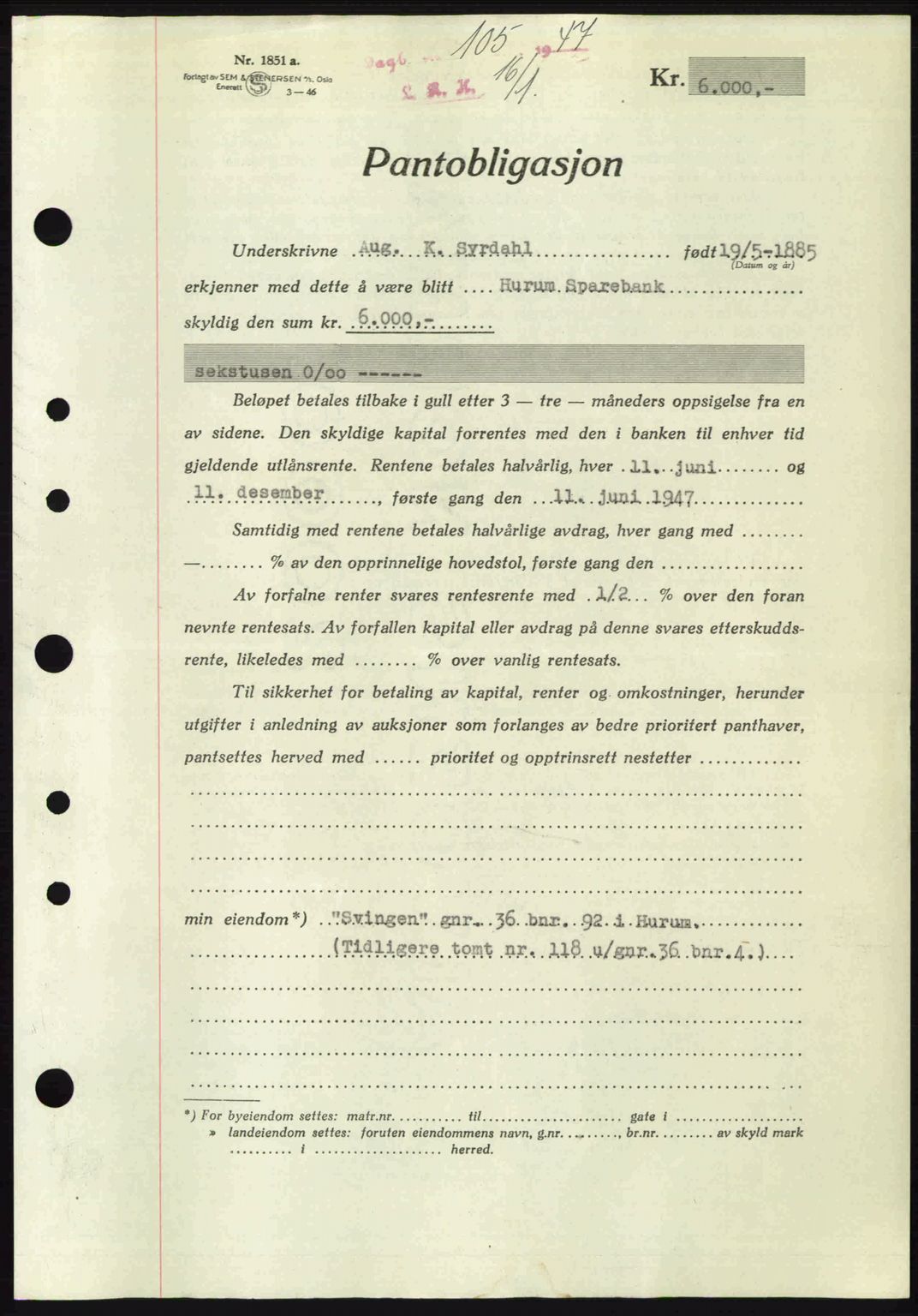 Lier, Røyken og Hurum sorenskriveri, AV/SAKO-A-89/G/Ga/Gab/L0088: Mortgage book no. 88, 1947-1947, Diary no: : 105/1947