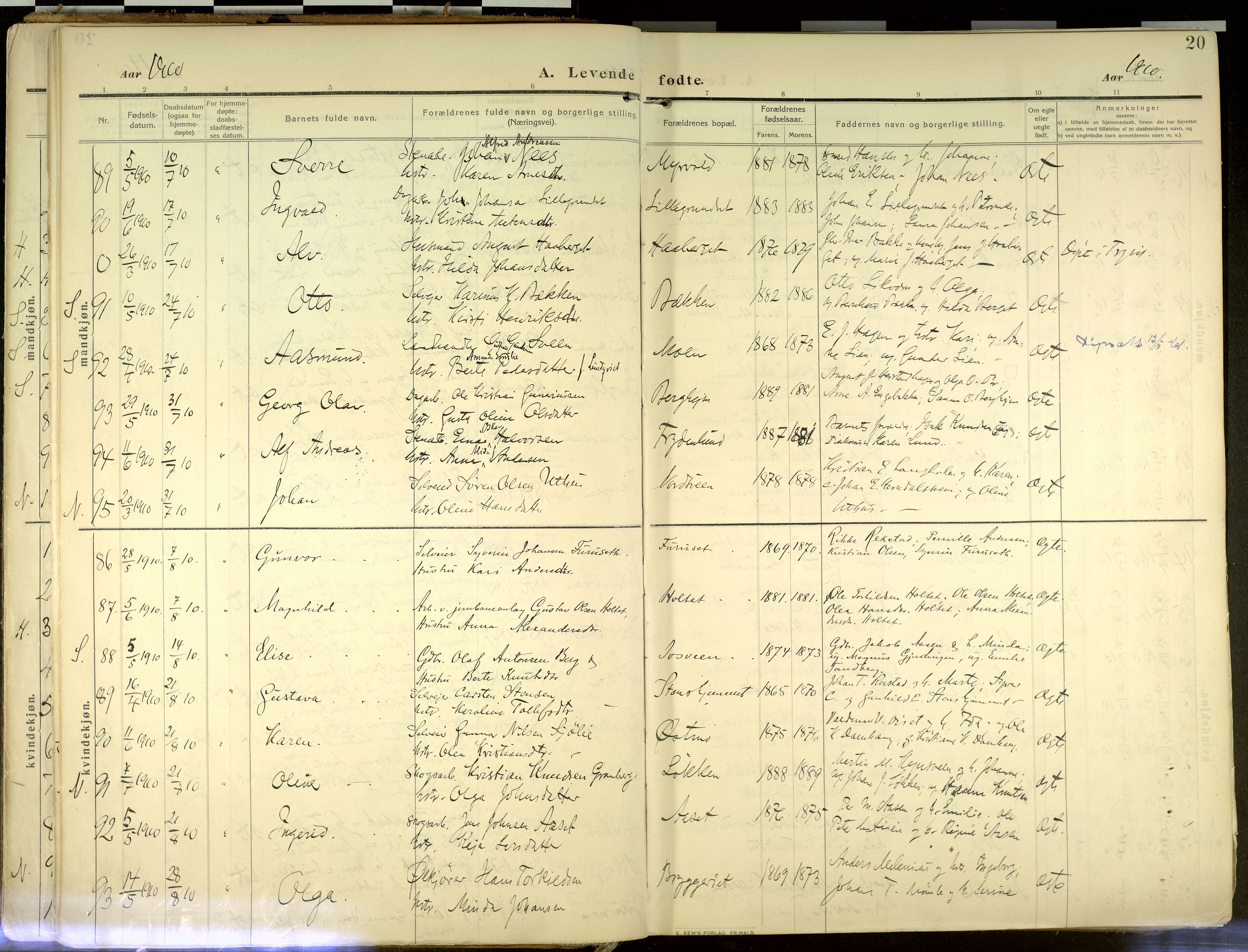 Elverum prestekontor, AV/SAH-PREST-044/H/Ha/Haa/L0020: Parish register (official) no. 20, 1909-1921, p. 20