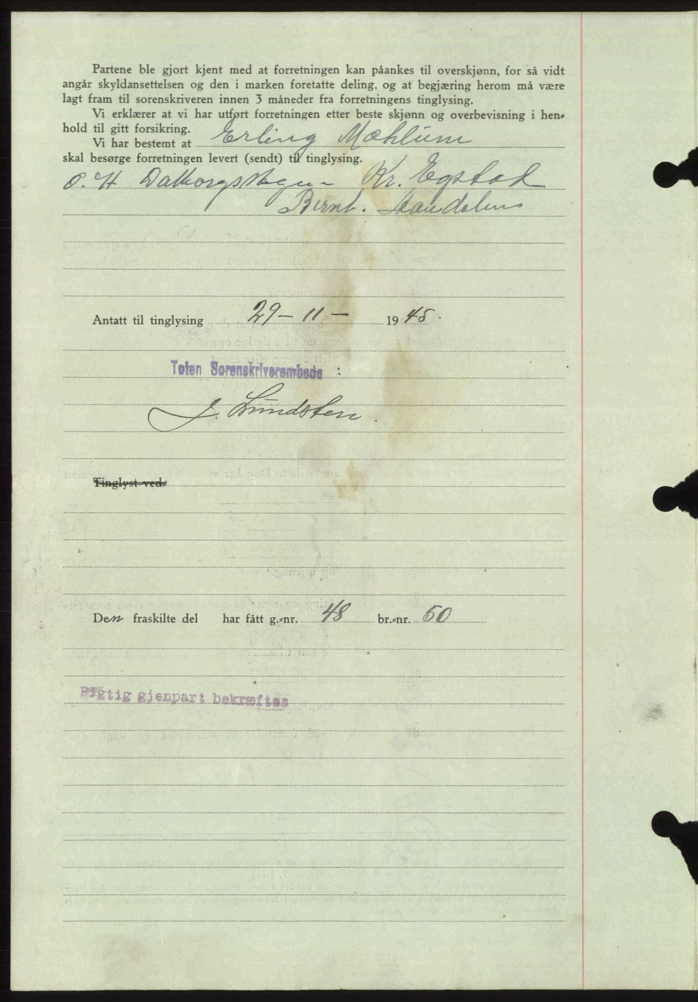 Toten tingrett, SAH/TING-006/H/Hb/Hbc/L0013: Mortgage book no. Hbc-13, 1945-1945, Diary no: : 1636/1945