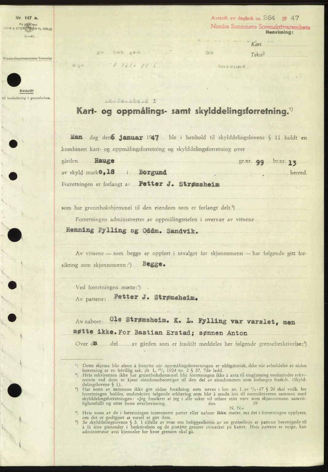 Nordre Sunnmøre sorenskriveri, AV/SAT-A-0006/1/2/2C/2Ca: Mortgage book no. A23, 1946-1947, Diary no: : 264/1947