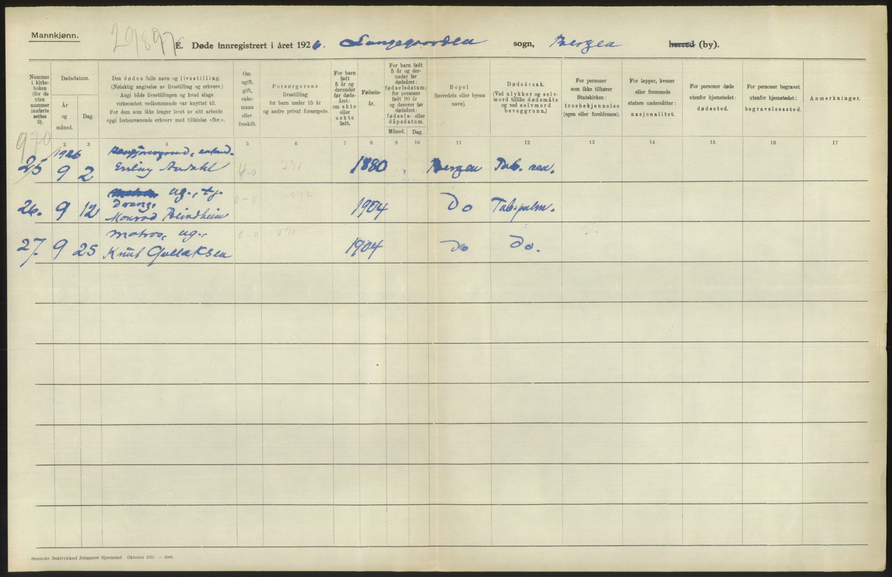 Statistisk sentralbyrå, Sosiodemografiske emner, Befolkning, AV/RA-S-2228/D/Df/Dfc/Dfcf/L0028: Bergen: Gifte, døde, dødfødte., 1926, p. 780