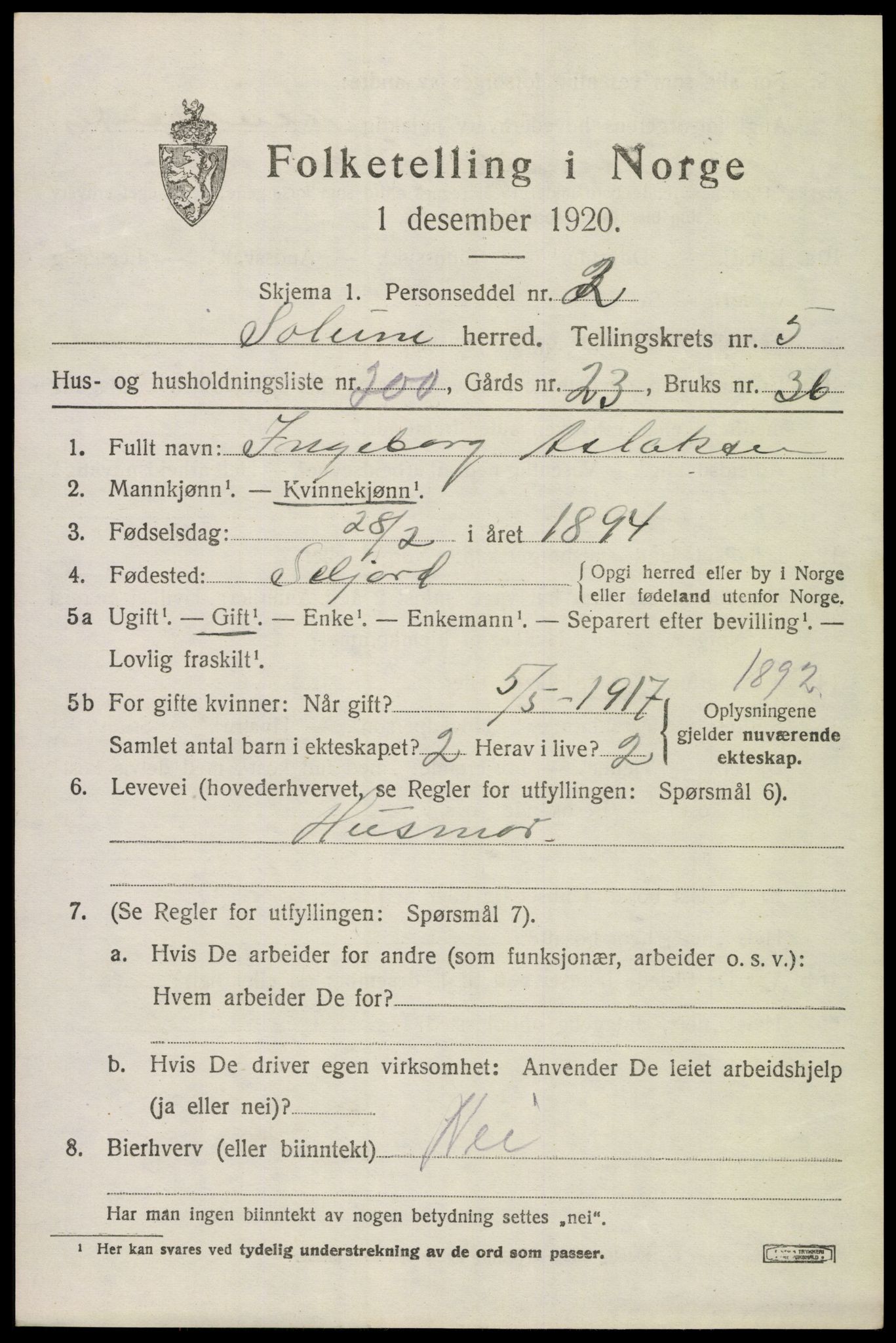 SAKO, 1920 census for Solum, 1920, p. 13164