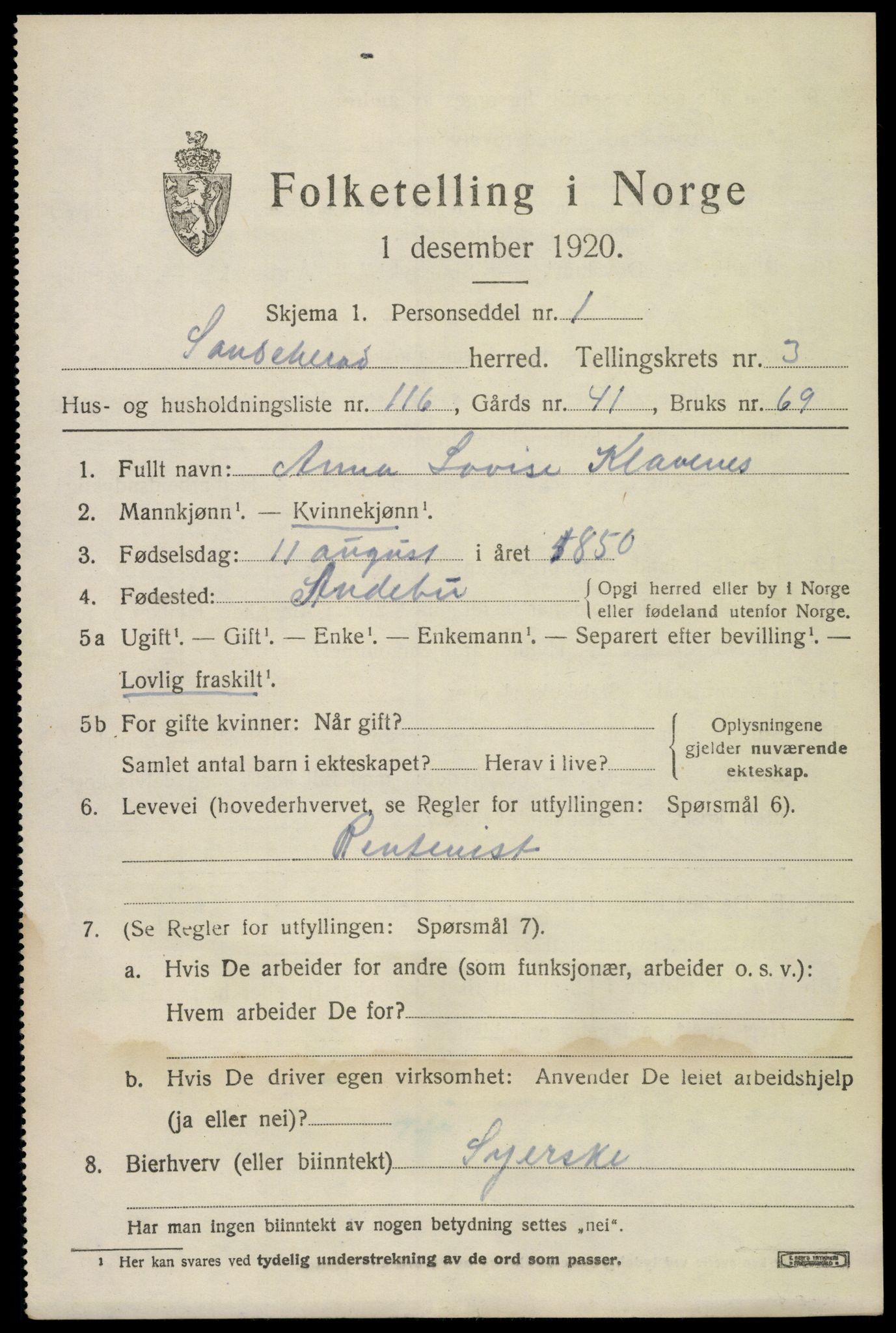 SAKO, 1920 census for Sandeherred, 1920, p. 6534