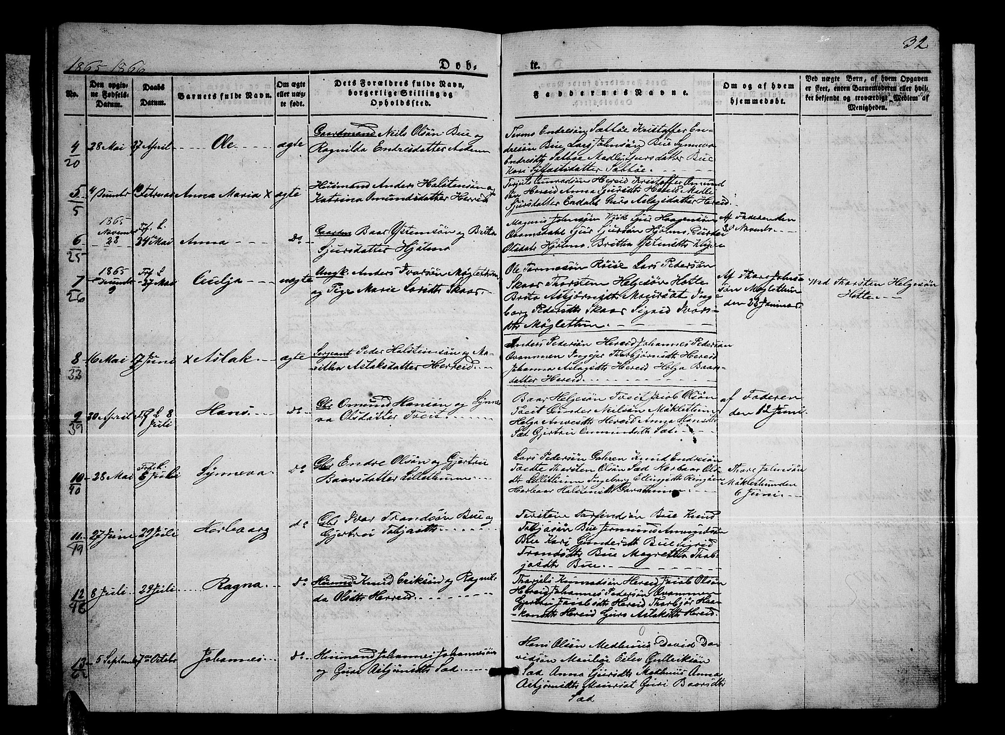 Ullensvang sokneprestembete, SAB/A-78701/H/Hab: Parish register (copy) no. C 1, 1855-1871, p. 32