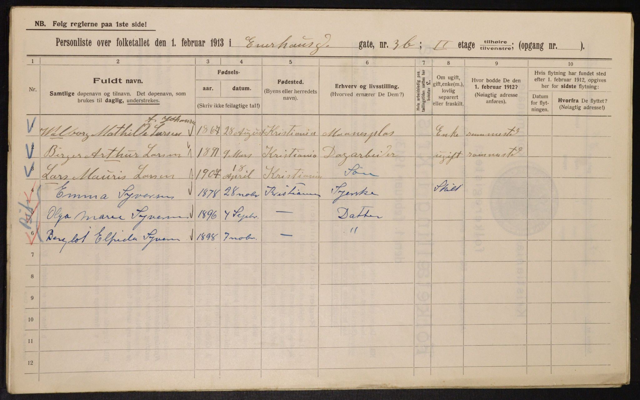 OBA, Municipal Census 1913 for Kristiania, 1913, p. 21611