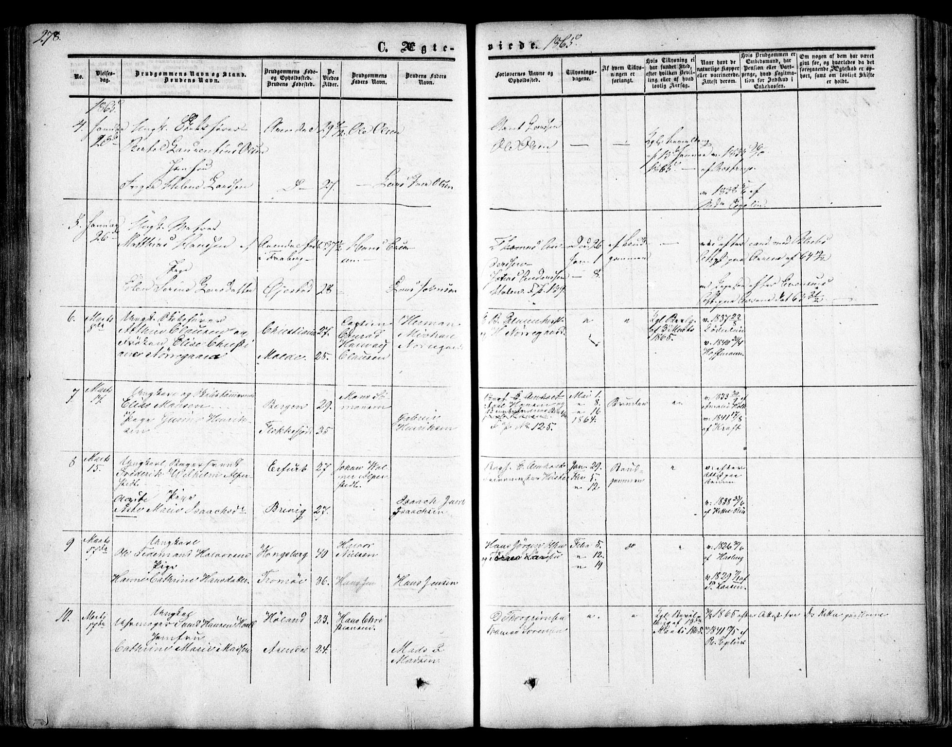 Arendal sokneprestkontor, Trefoldighet, SAK/1111-0040/F/Fa/L0006: Parish register (official) no. A 6, 1855-1868, p. 278