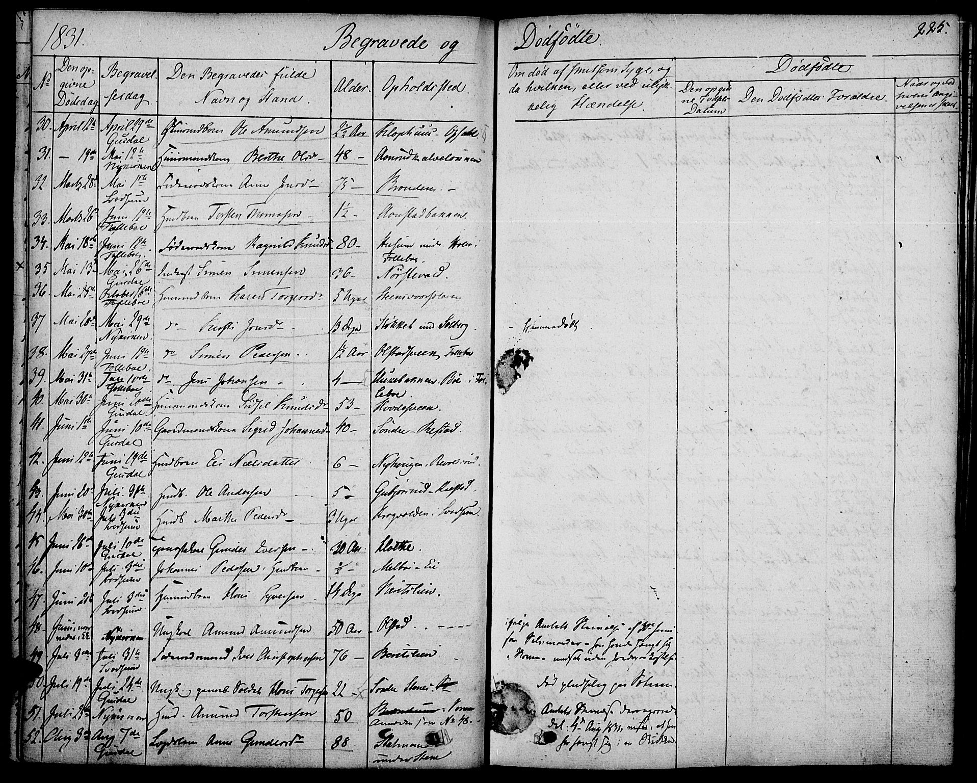 Gausdal prestekontor, SAH/PREST-090/H/Ha/Haa/L0006: Parish register (official) no. 6, 1830-1839, p. 225